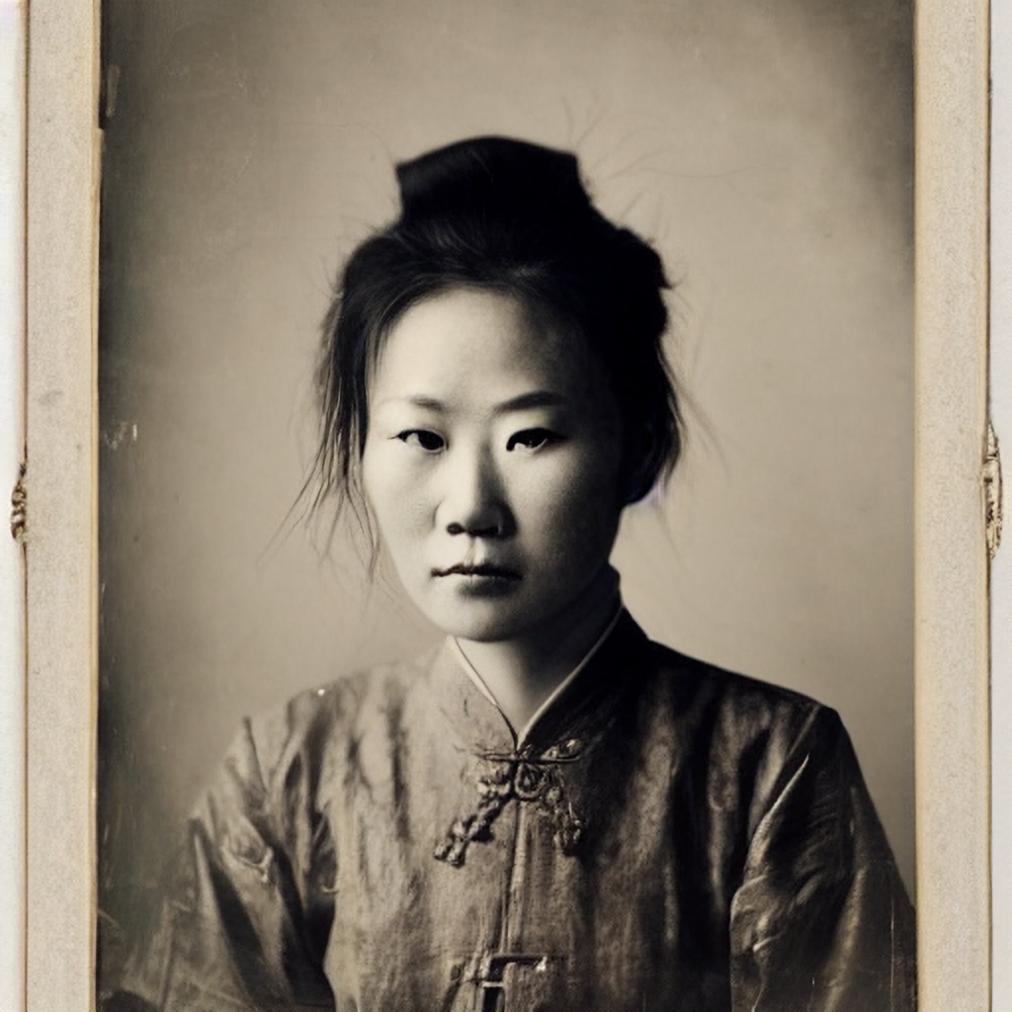 Wet plate photo of a young Chinese woman in traditional clothing.