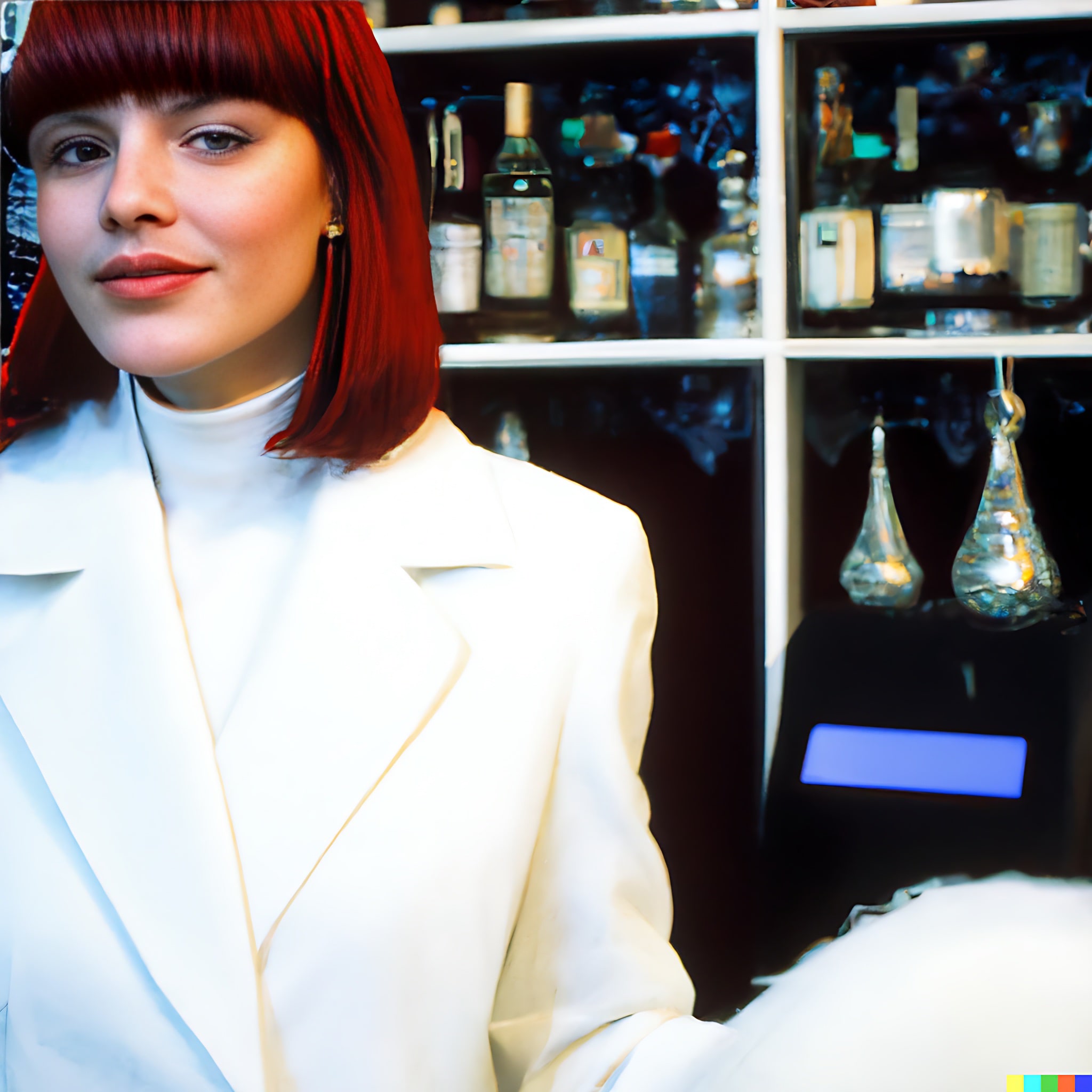 Woman with red bob haircut wearing white coat, standing at bar.