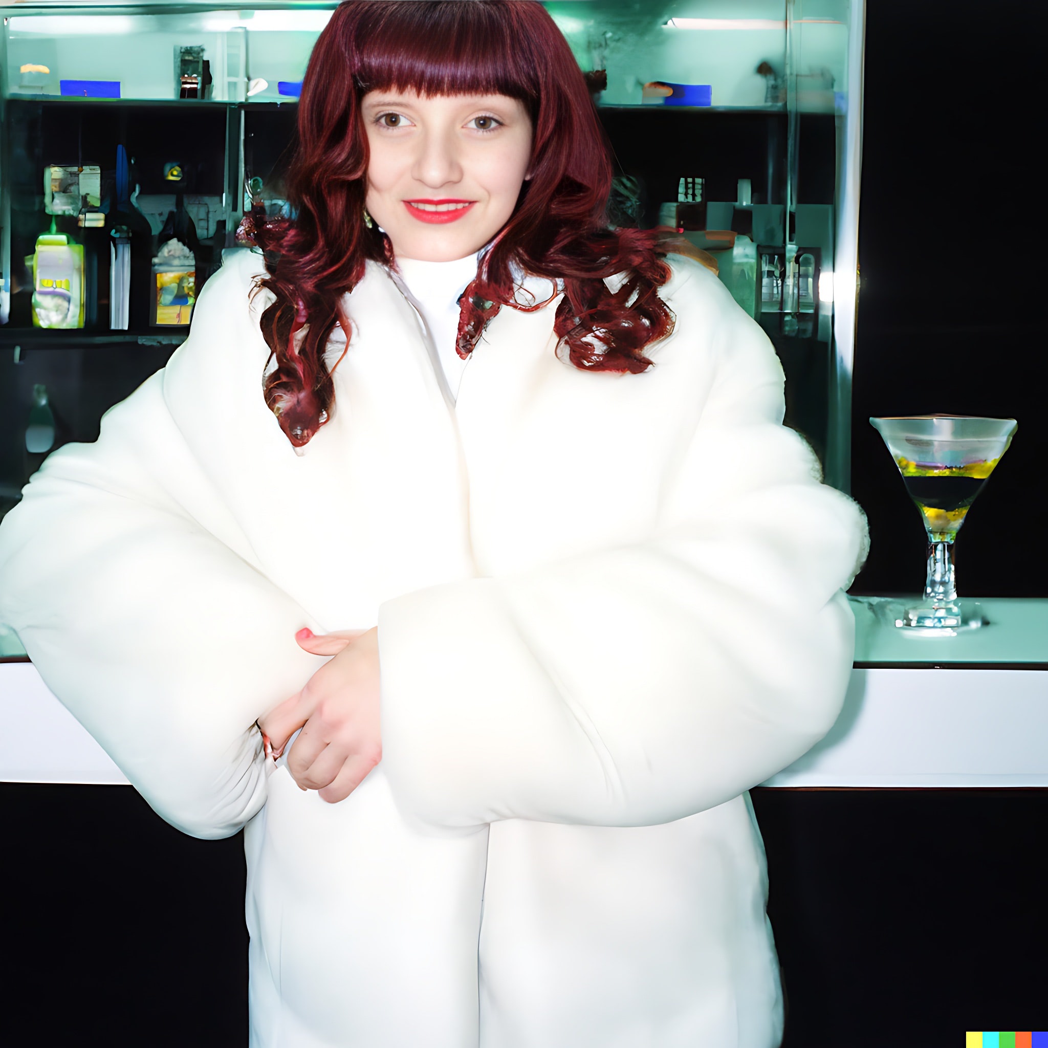 Woman with red hair in a white fur coat at a bar.