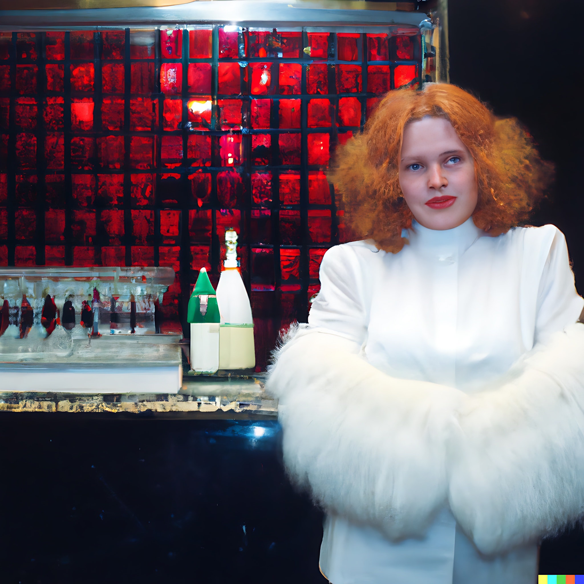 Red-haired woman in white fur-trimmed coat behind bar.