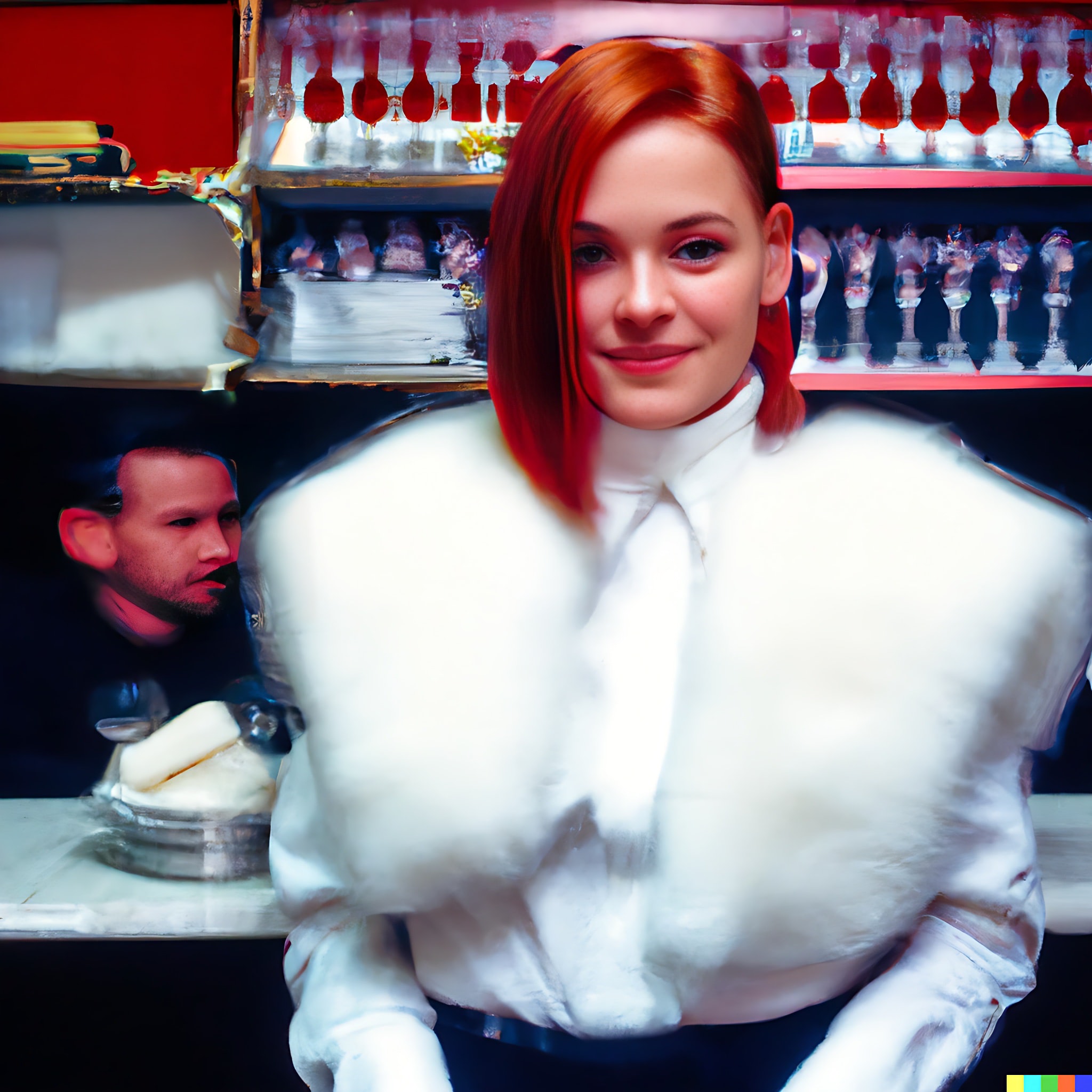 Woman with red hair wearing a white fur coat behind a bar.