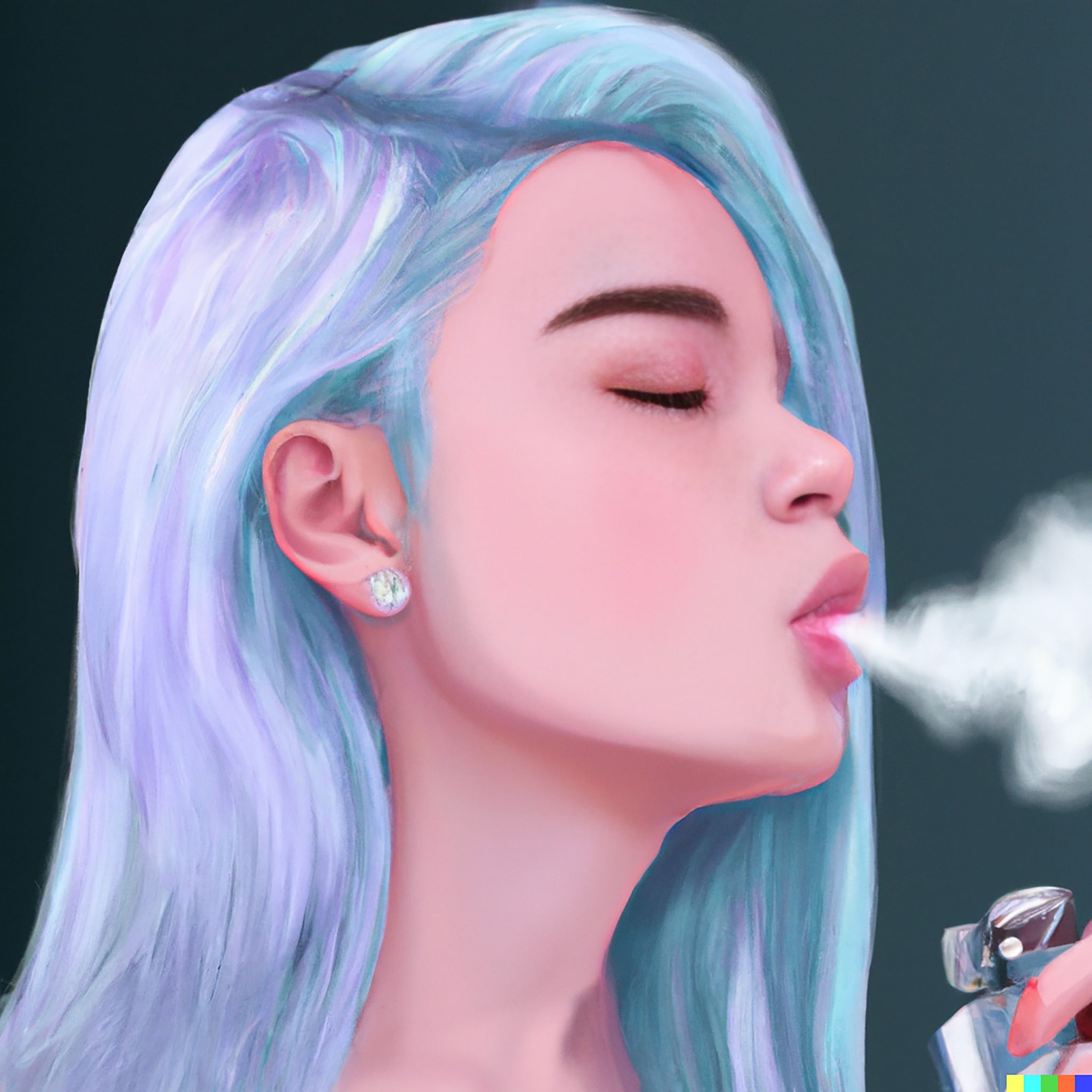 Woman with long pastel blue hair vaping.