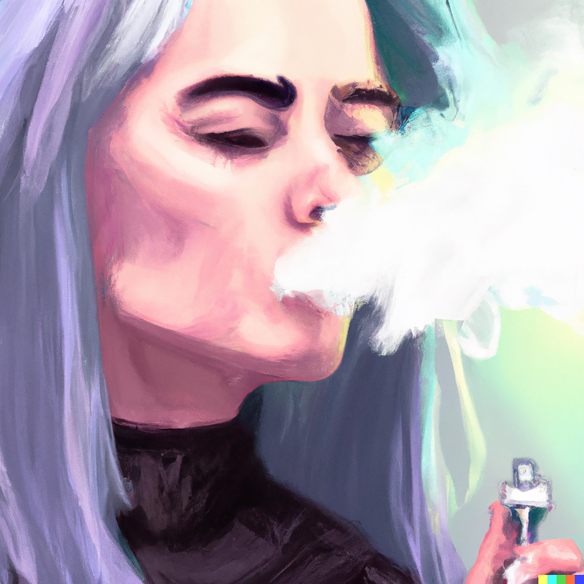 Painting of a woman with lavender hair vaping.