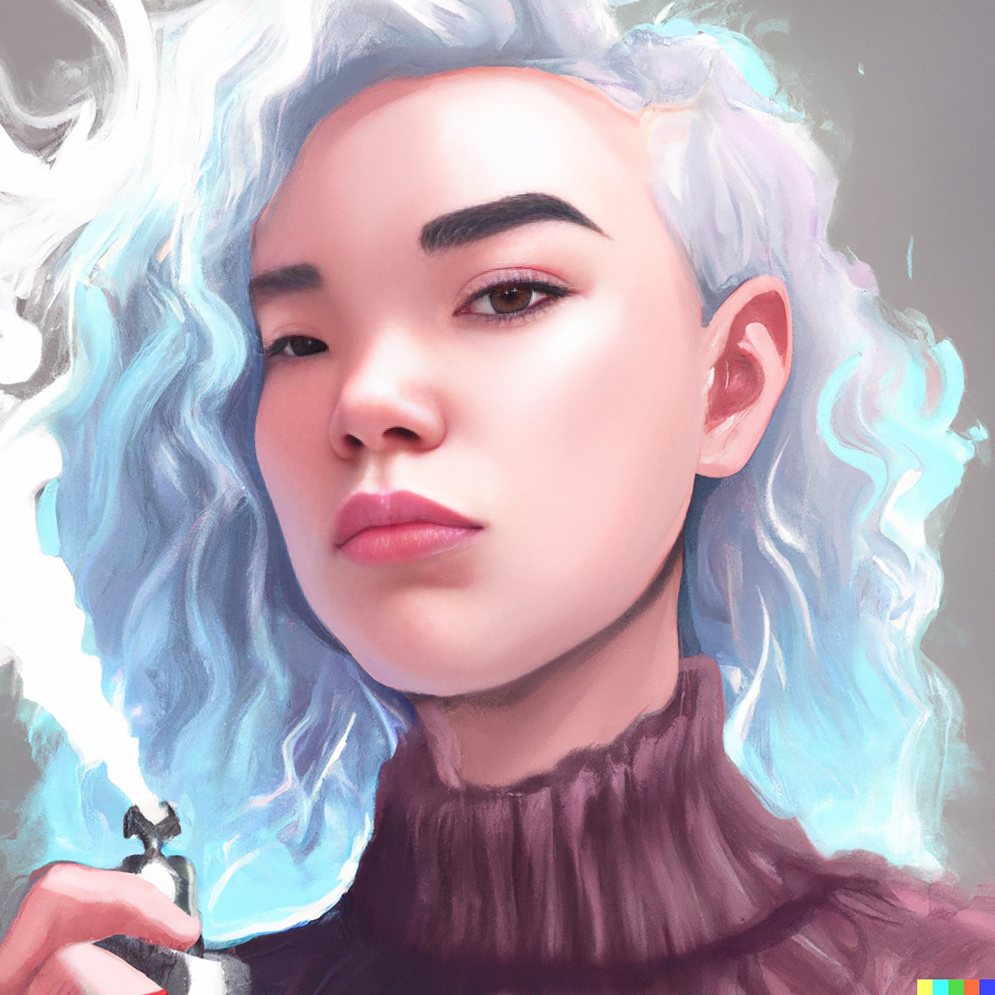 Portrait of a woman with light blue hair vaping.