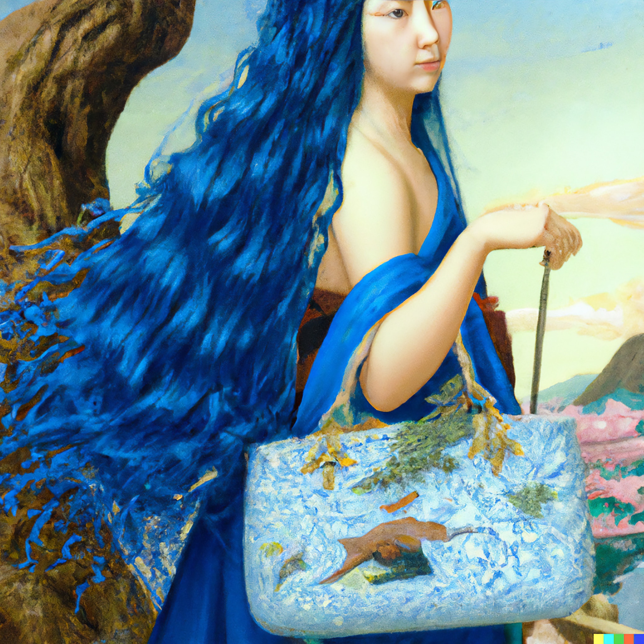 Painting of a woman with long, curled bluish hair carrying a light blue handbag.
