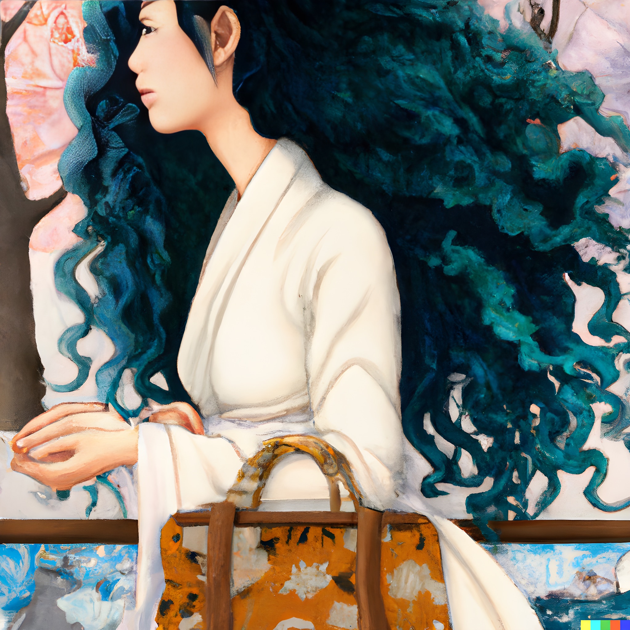 Painting of a woman with long, teal curly hair wearing a white robe and carrying an orange handbag.