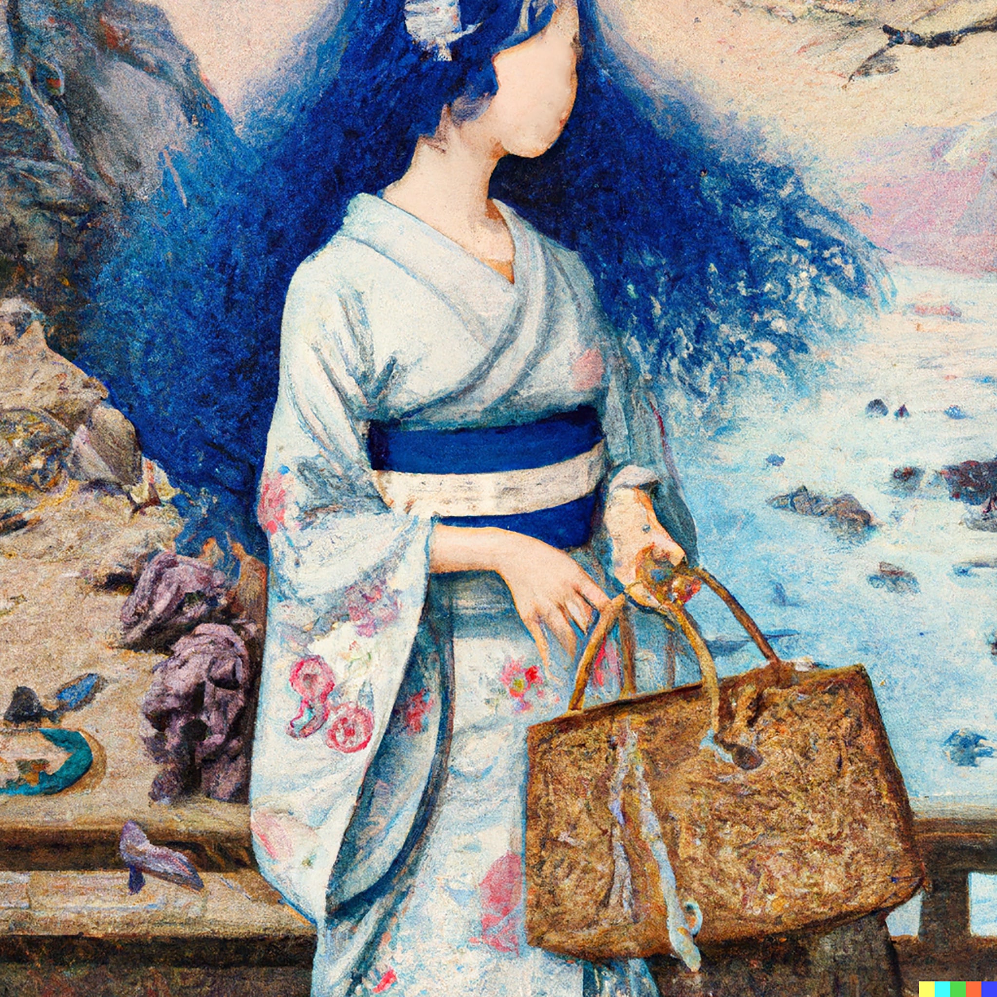 Woman in light kimono with long blue hair carrying a brown handbag by the sea.