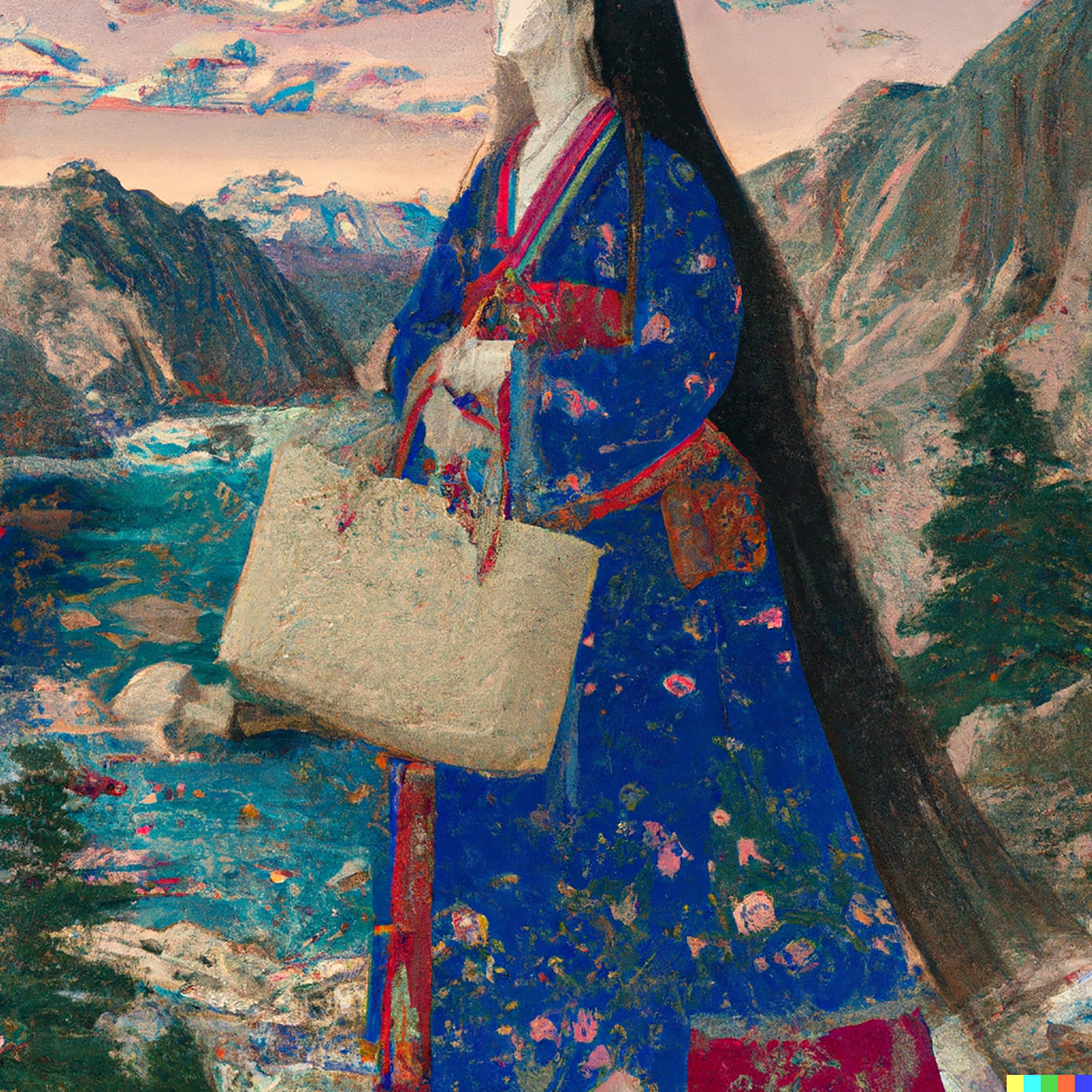 Woman with long blue hair and large handbag, standing before a mountain landscape.