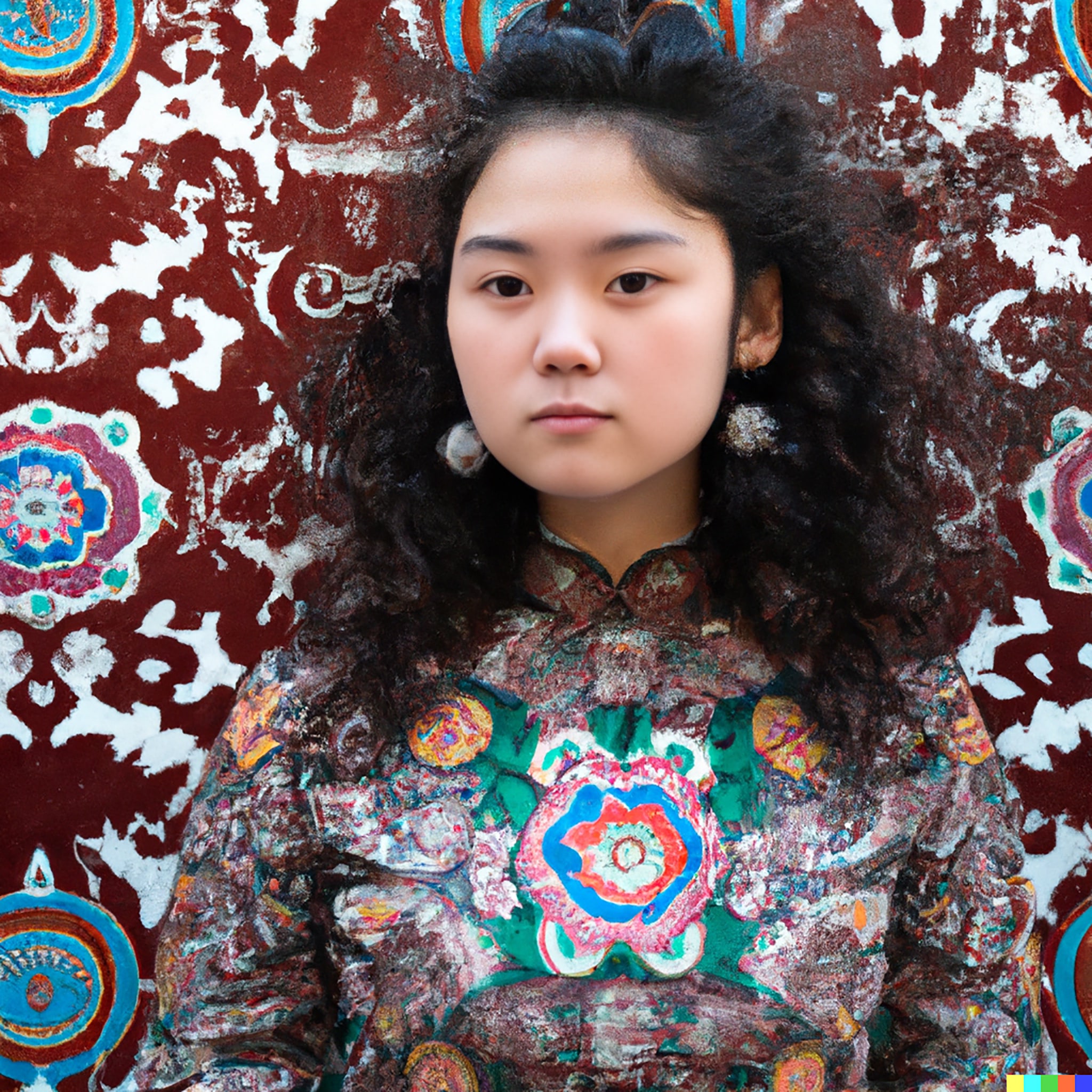 Young woman with curly dark hair wearing a Mongolian-style dress against a patterned background.
