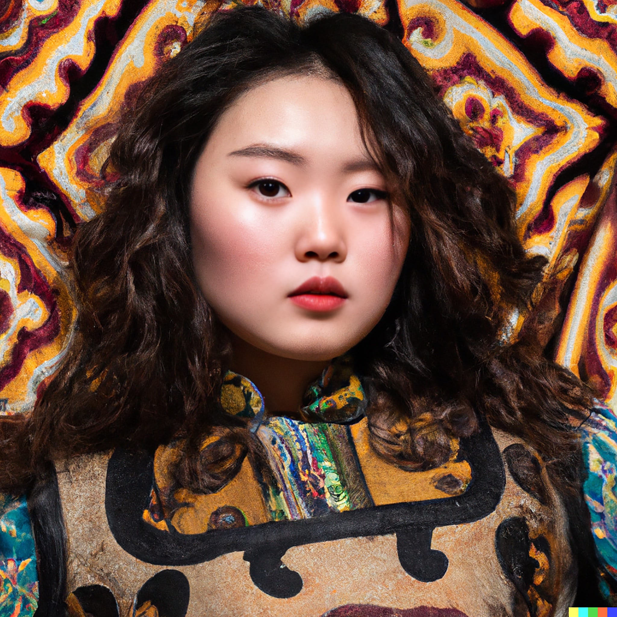 Young woman with brown curly hair wearing a Mongolian deel.