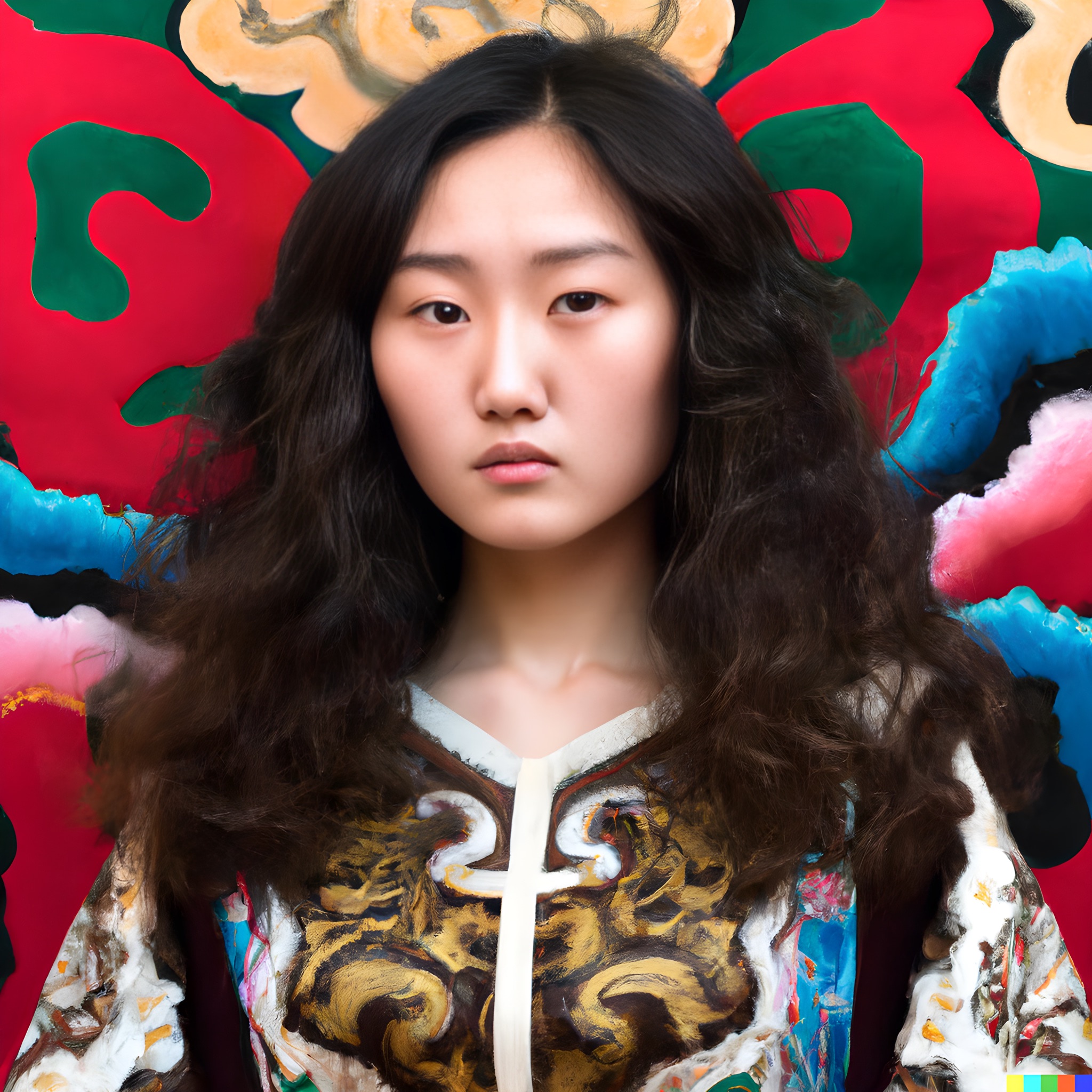 Young woman with long brown curly hair wearing a Mongolian-style dress against an abstract colorful background.