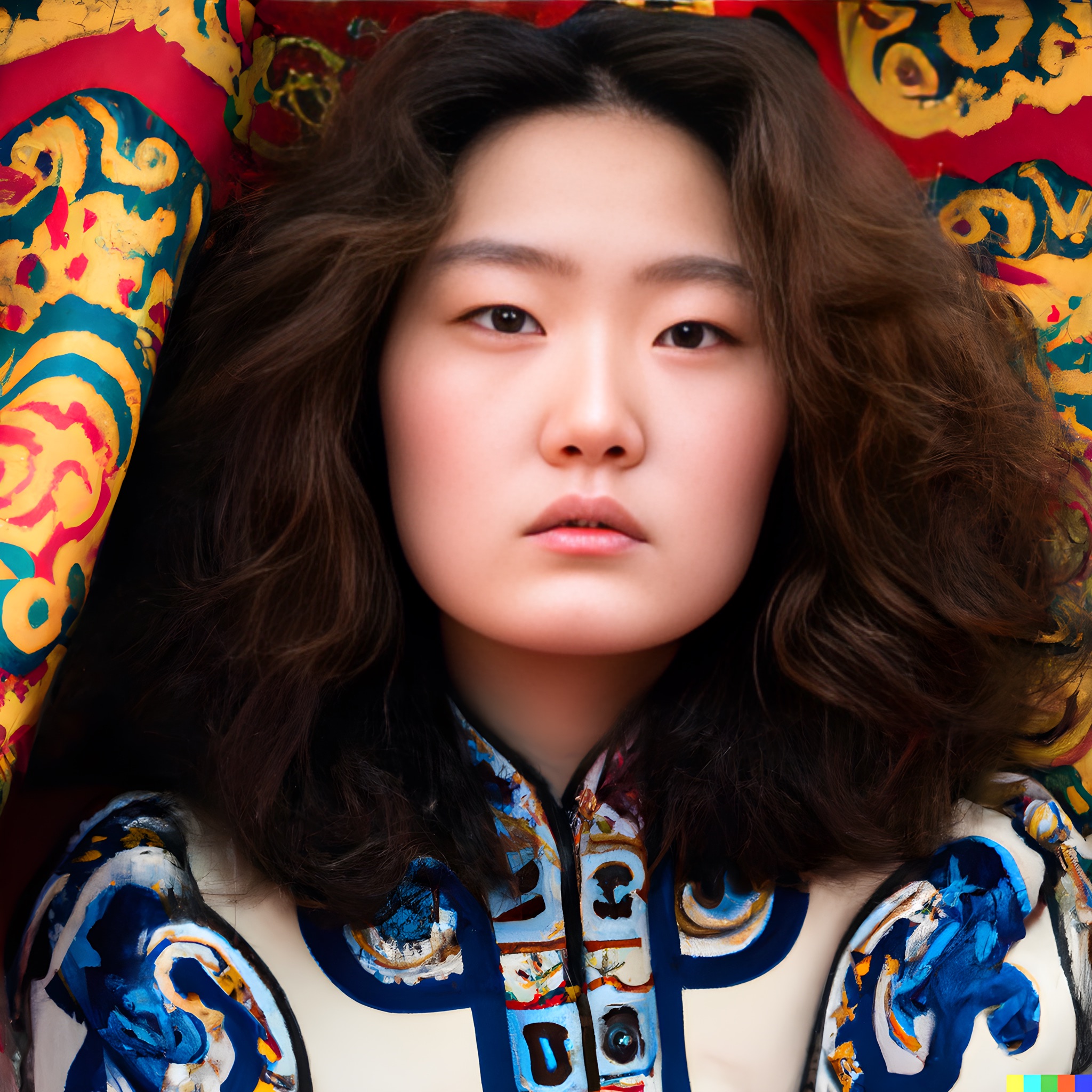 Close-up portrait of a young woman with brown curly hair, intense eyes, wearing a traditional Mongolian-style dress with vibrant blue and gold patterns.