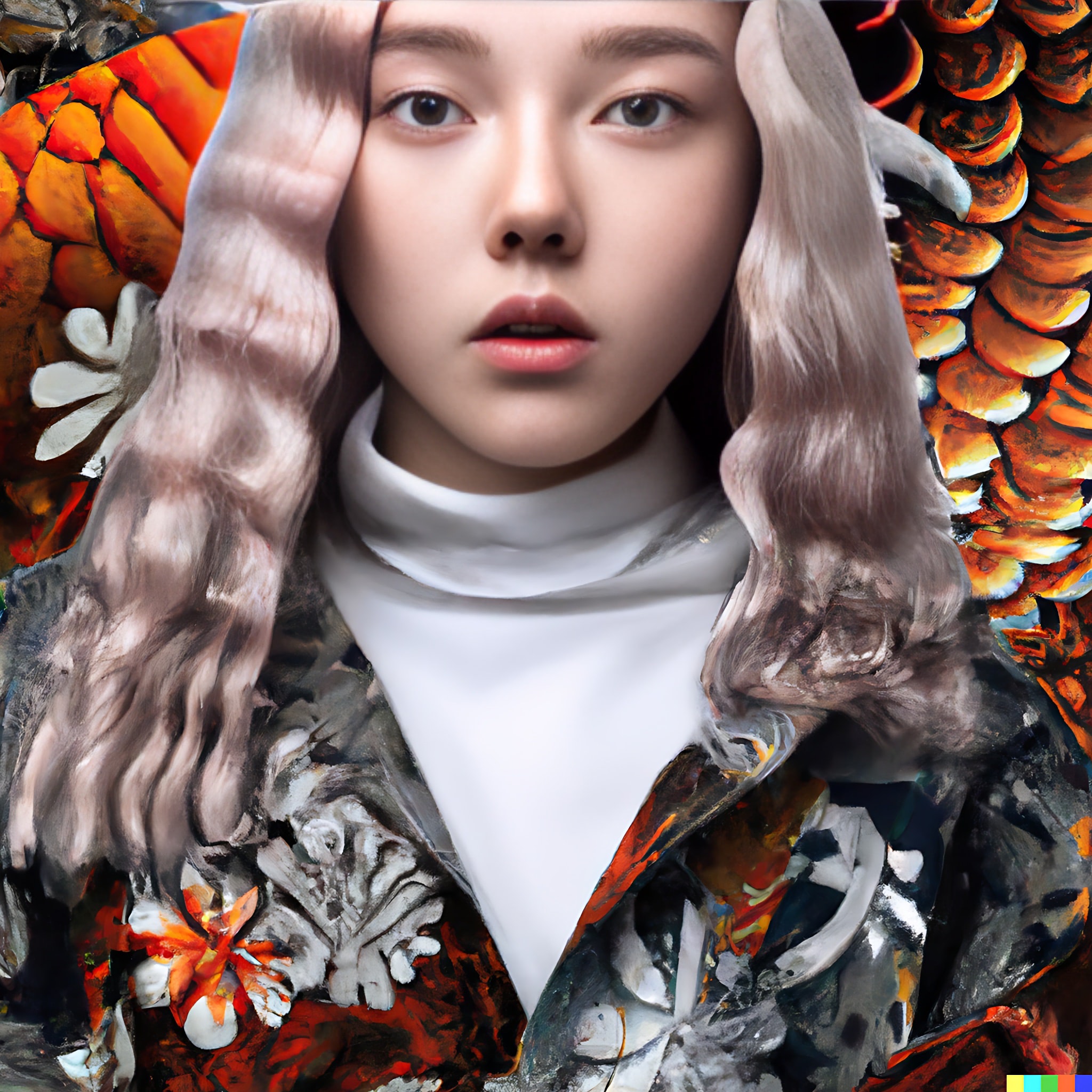 Portrait of a young woman with long light brown hair, wearing a white turtleneck and a dark patterned jacket, set against an abstract background of orange and black koi fish scales.