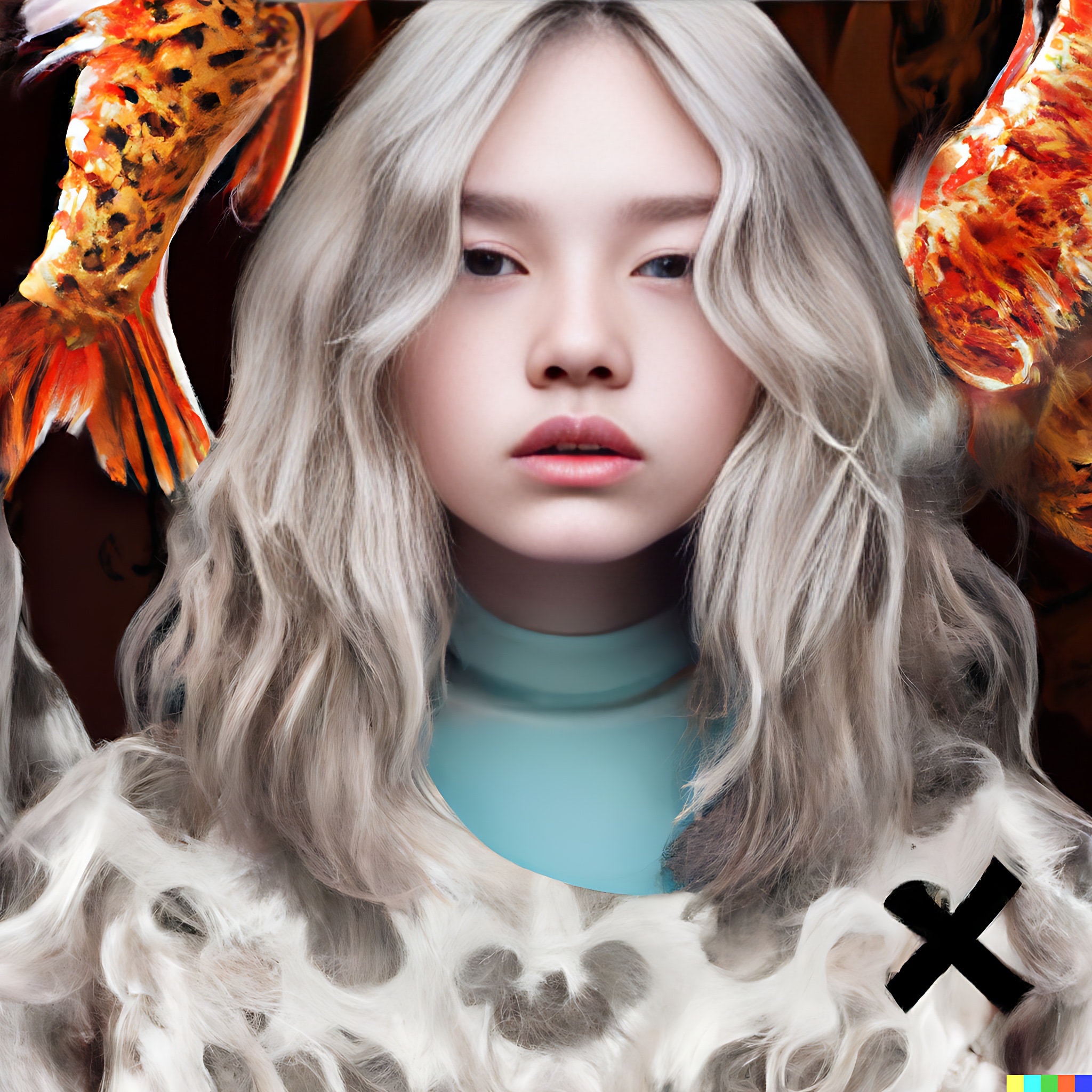 Portrait of a young woman with long blonde hair, wearing a light-colored garment, against a background of koi fish.