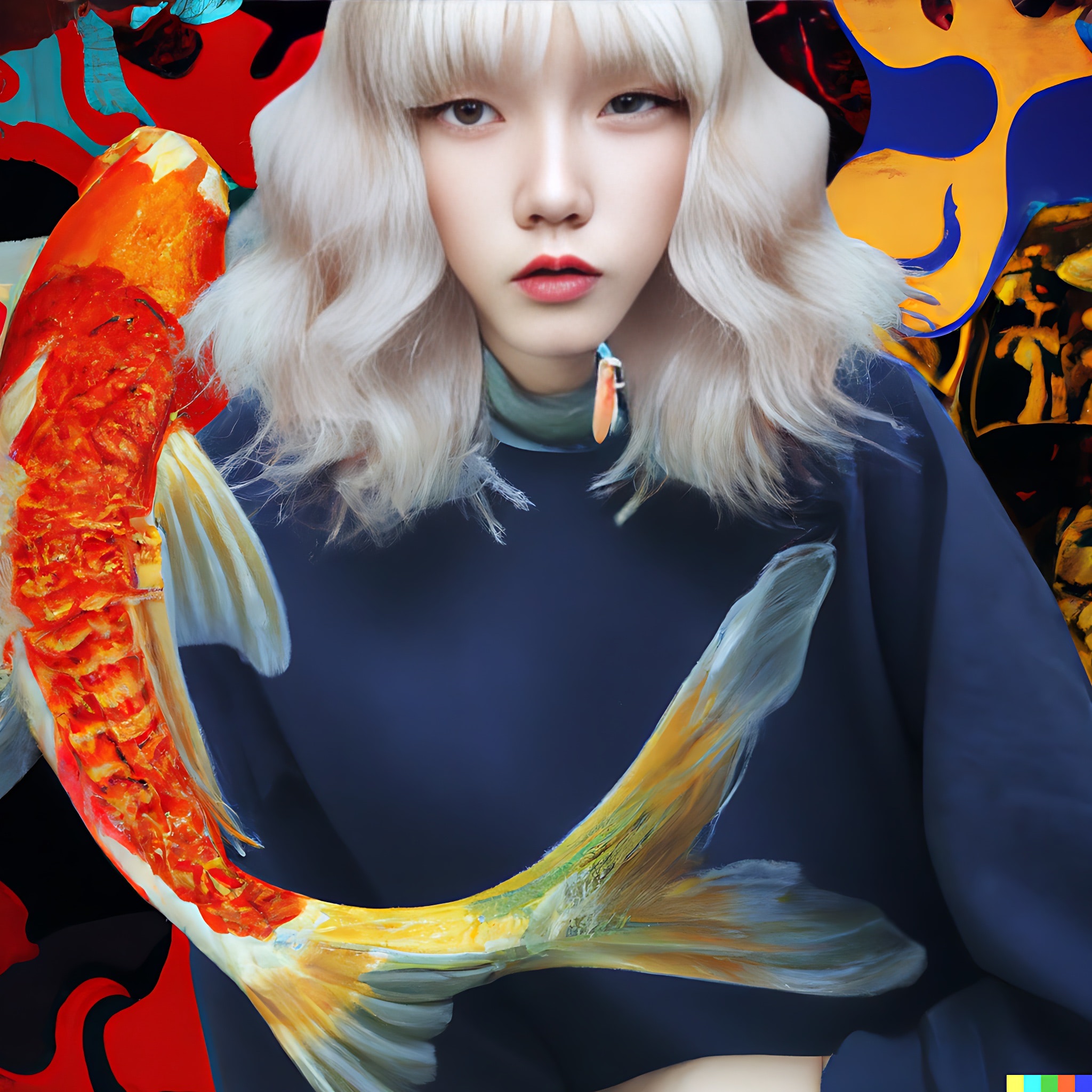 Woman with blonde hair wearing a dark blue sweater in front of a koi fish patterned background.