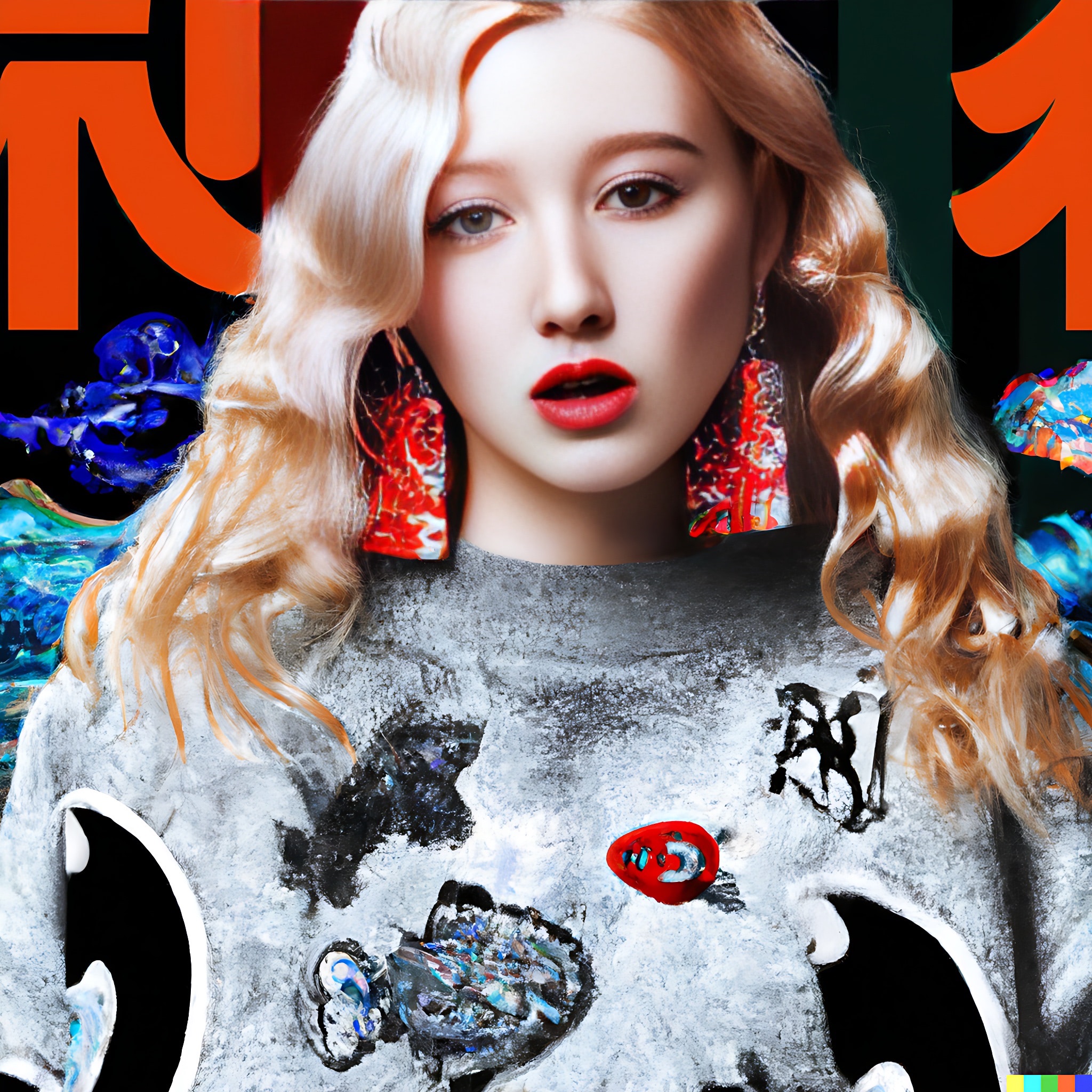 Woman with blonde hair wearing a gray sweater against an abstract background.