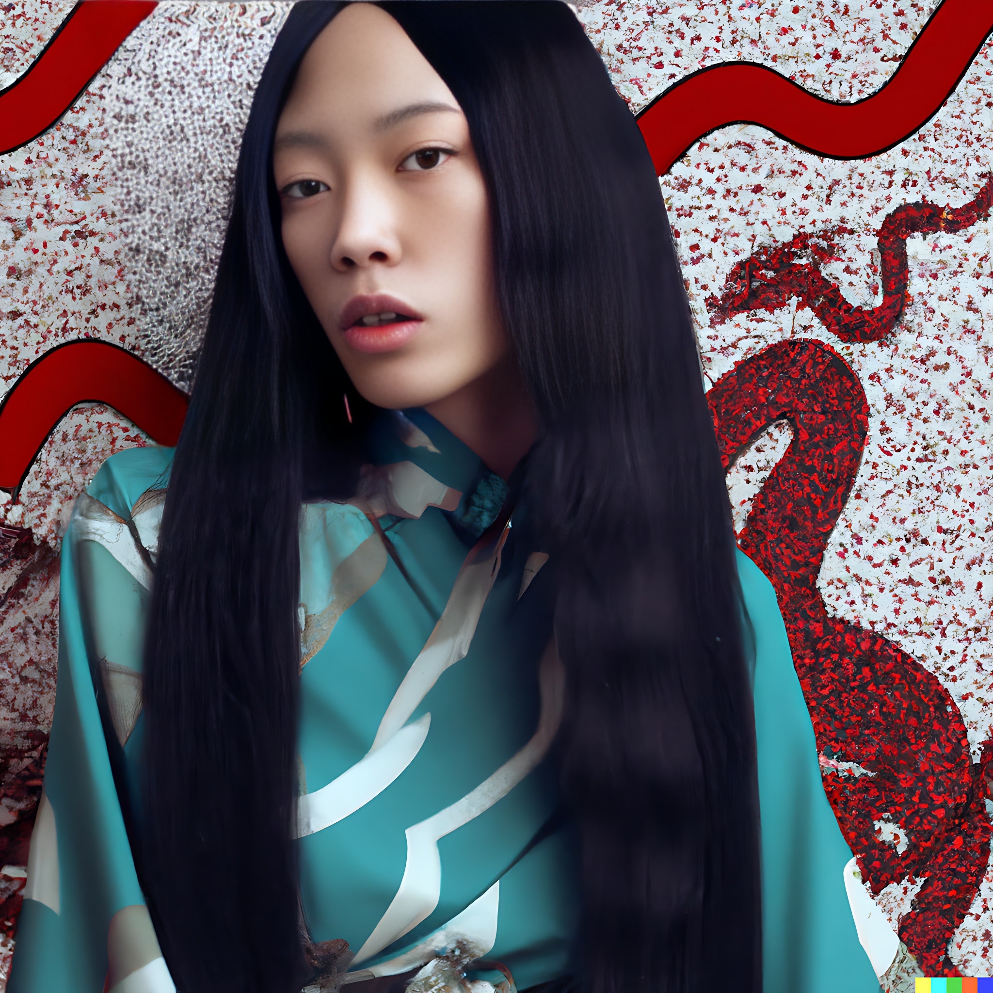 Woman with long black hair wearing a teal patterned shirt against an abstract background with red dragon design.