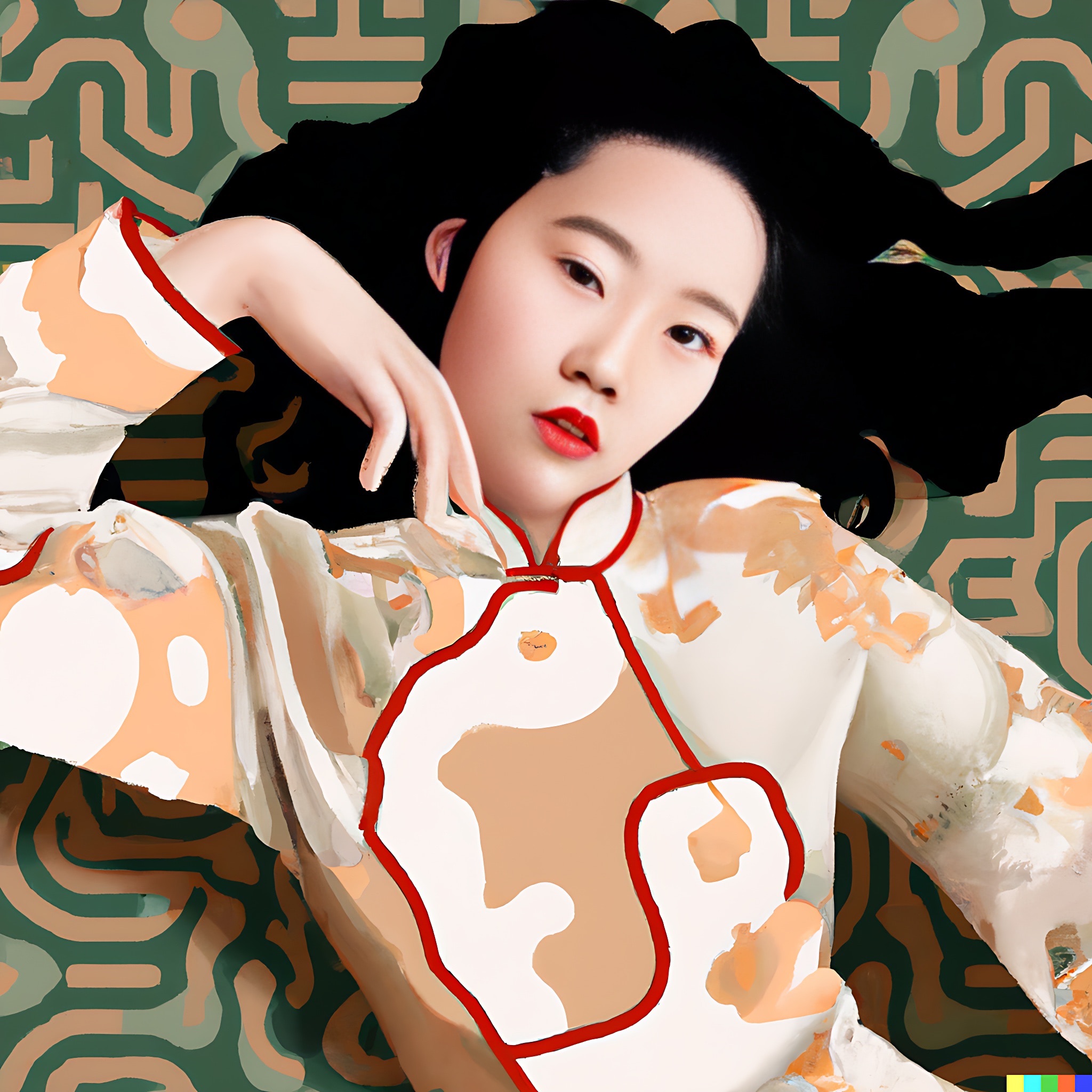 Woman in traditional Chinese-style clothing against an abstract background.