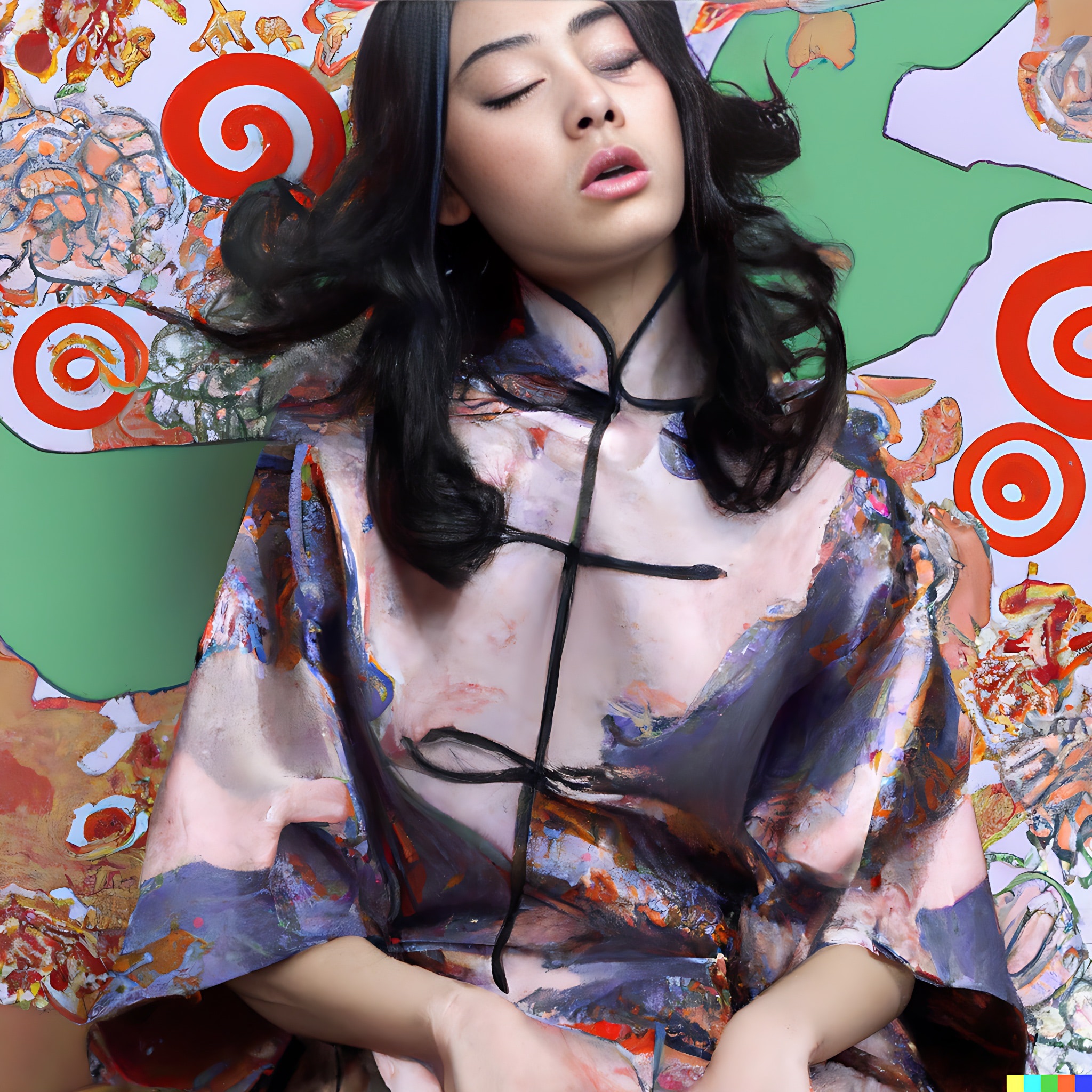 Woman in a traditional Chinese-style dress against an abstract background.