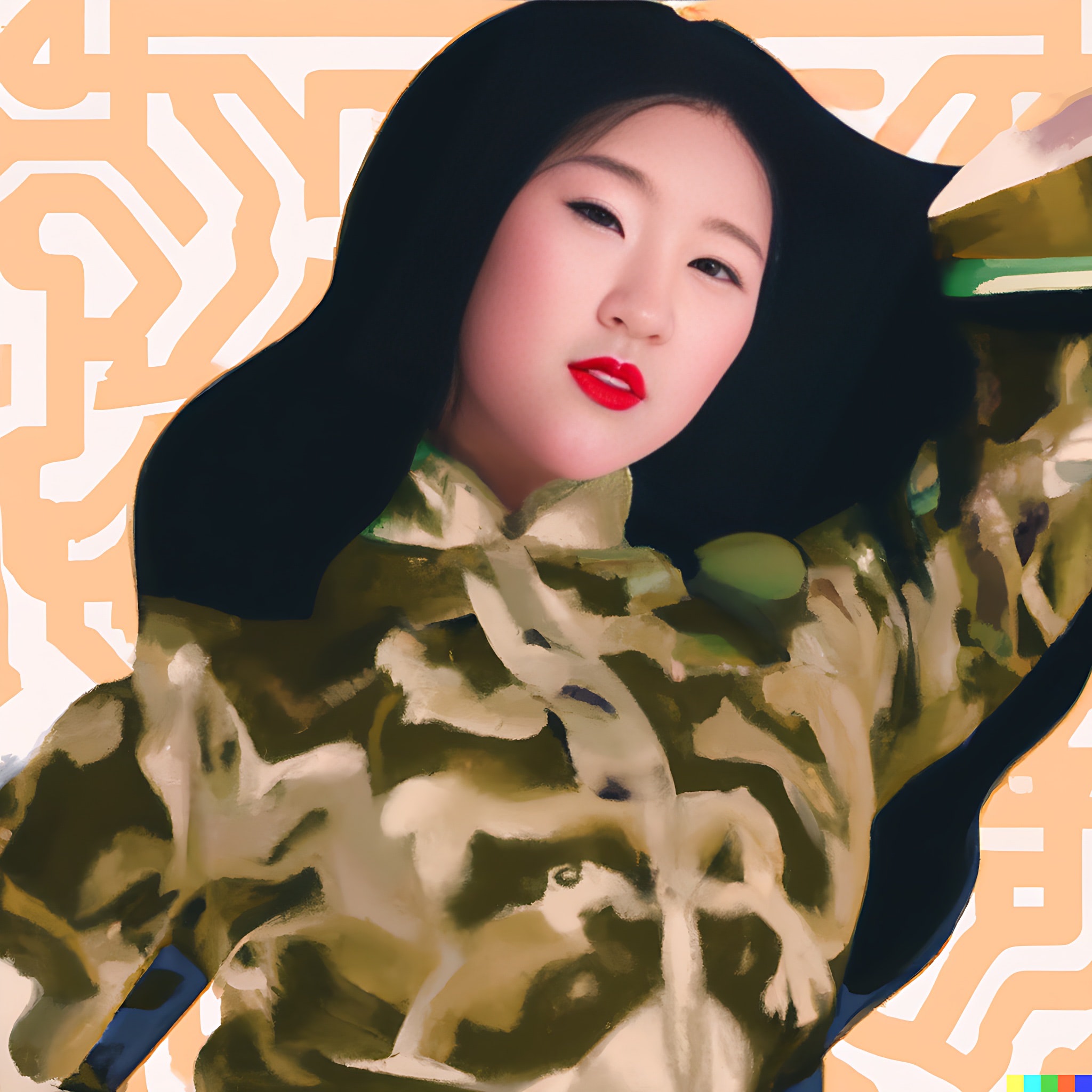 Portrait of a young woman with long black hair wearing a camouflage-patterned jacket against an abstract background.