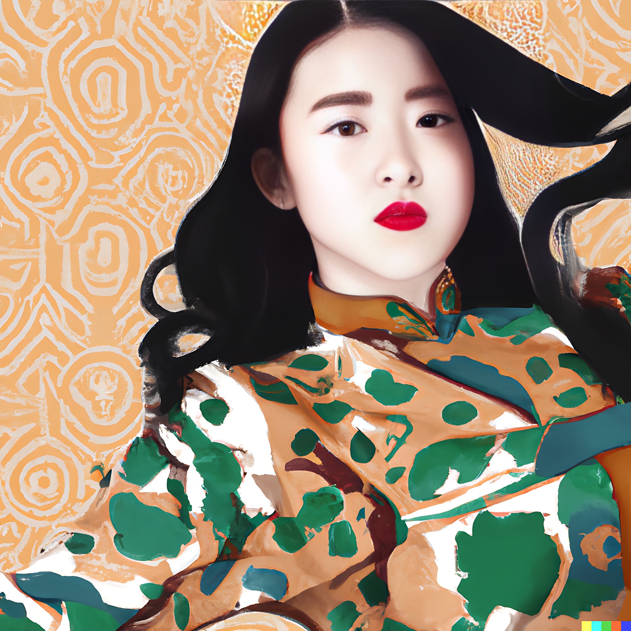 Portrait of a young woman with long black hair, wearing a patterned garment against an abstract background.