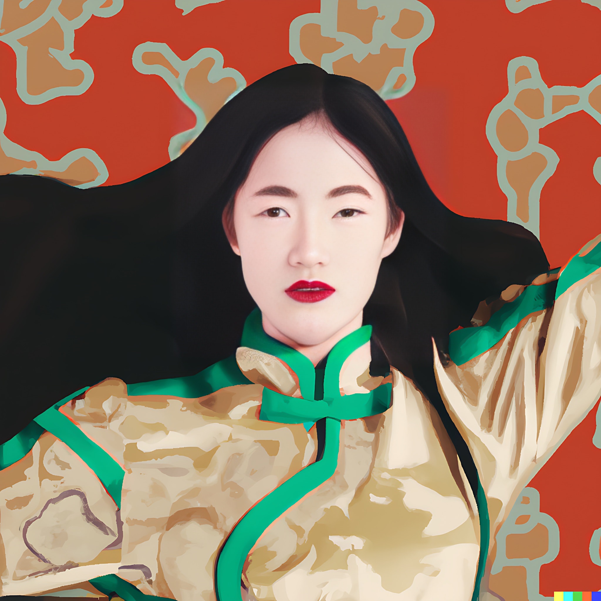 Portrait of a young woman with long black hair, wearing a beige traditional Chinese-style garment with teal accents, against a red background with a Japanese-inspired pattern.