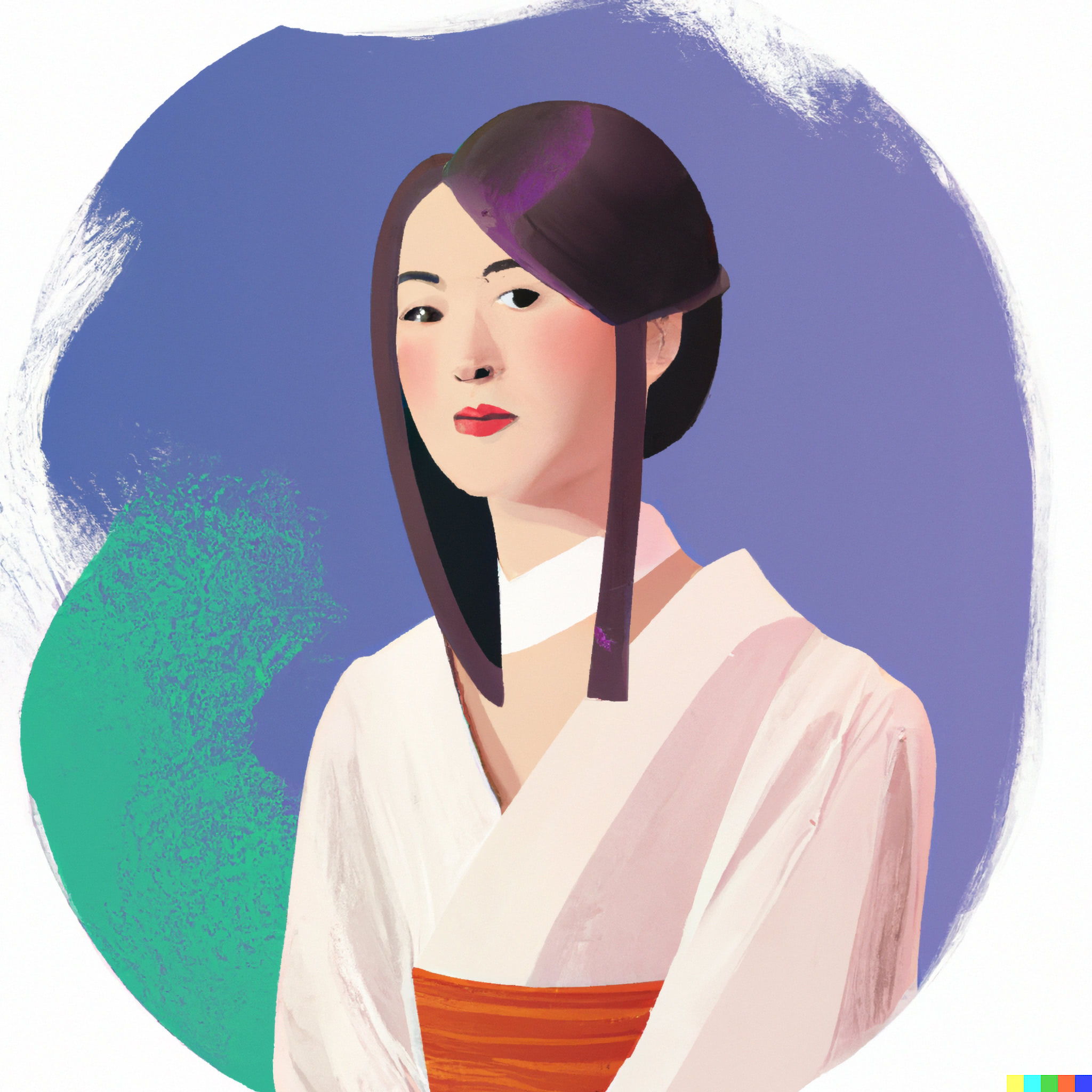 Painting of a young Japanese woman in a kimono.