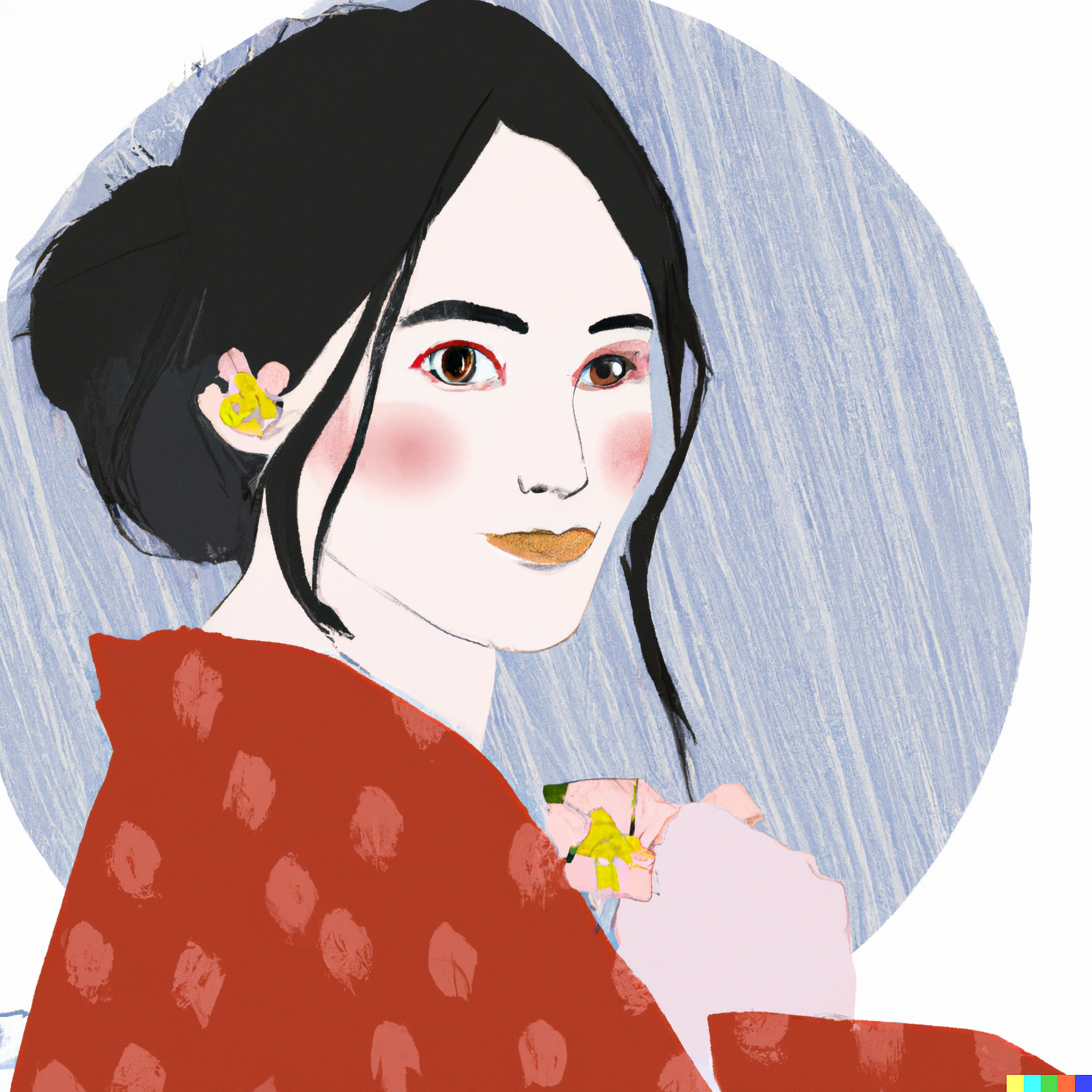 Illustration of a young Japanese woman in a red patterned kimono.