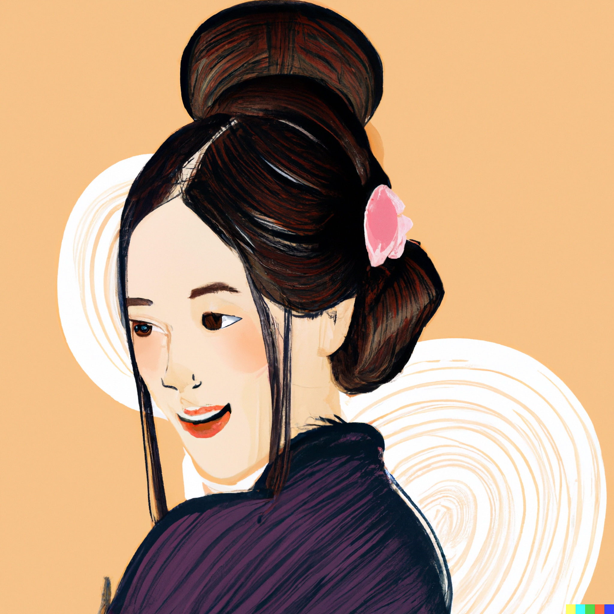 Illustration of a young Japanese woman smiling, wearing a dark purple kimono, with her hair in an updo adorned with a pink flower.