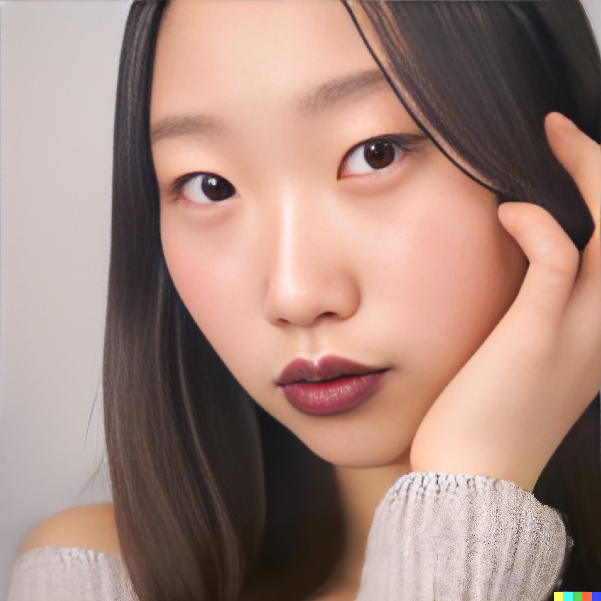 Close-up portrait of a young Korean woman with long dark hair, wearing a light-colored sweater.