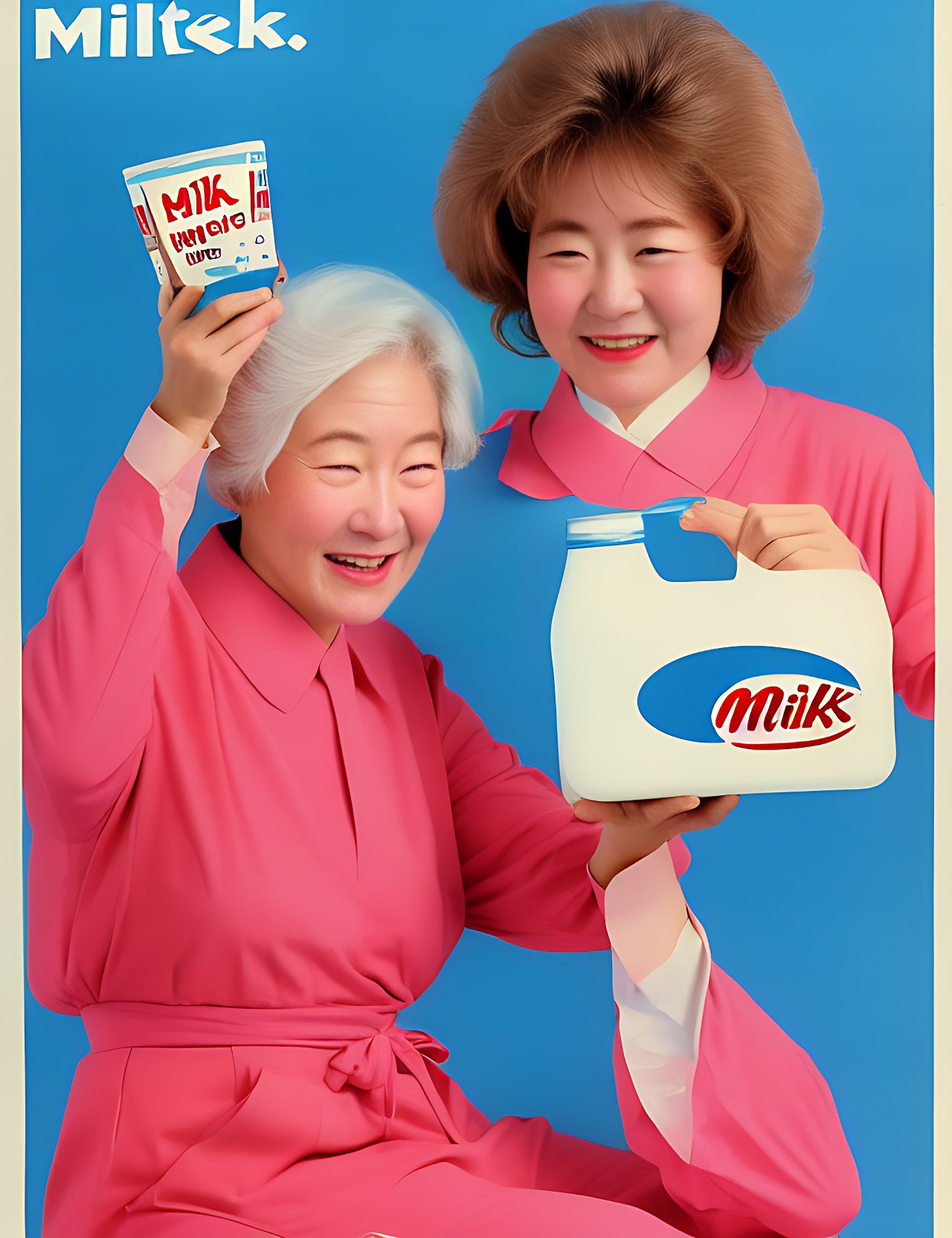 1980s Miltek milk advertisement featuring two South Korean women in pink dresses.