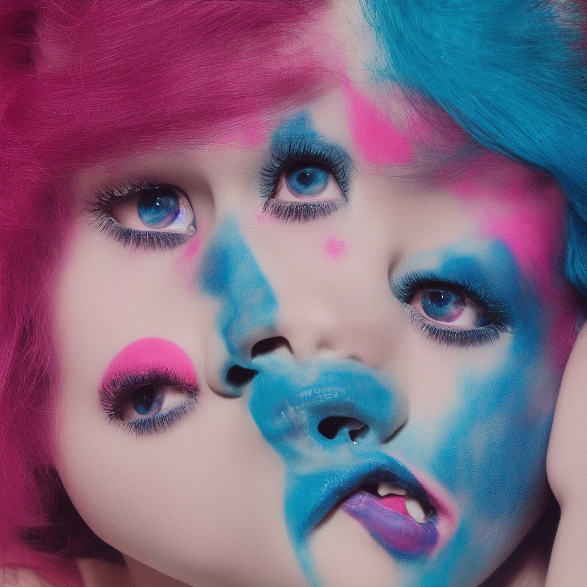 Close-up of a face with vibrant pink and blue hair and makeup, featuring smeared blue lipstick.