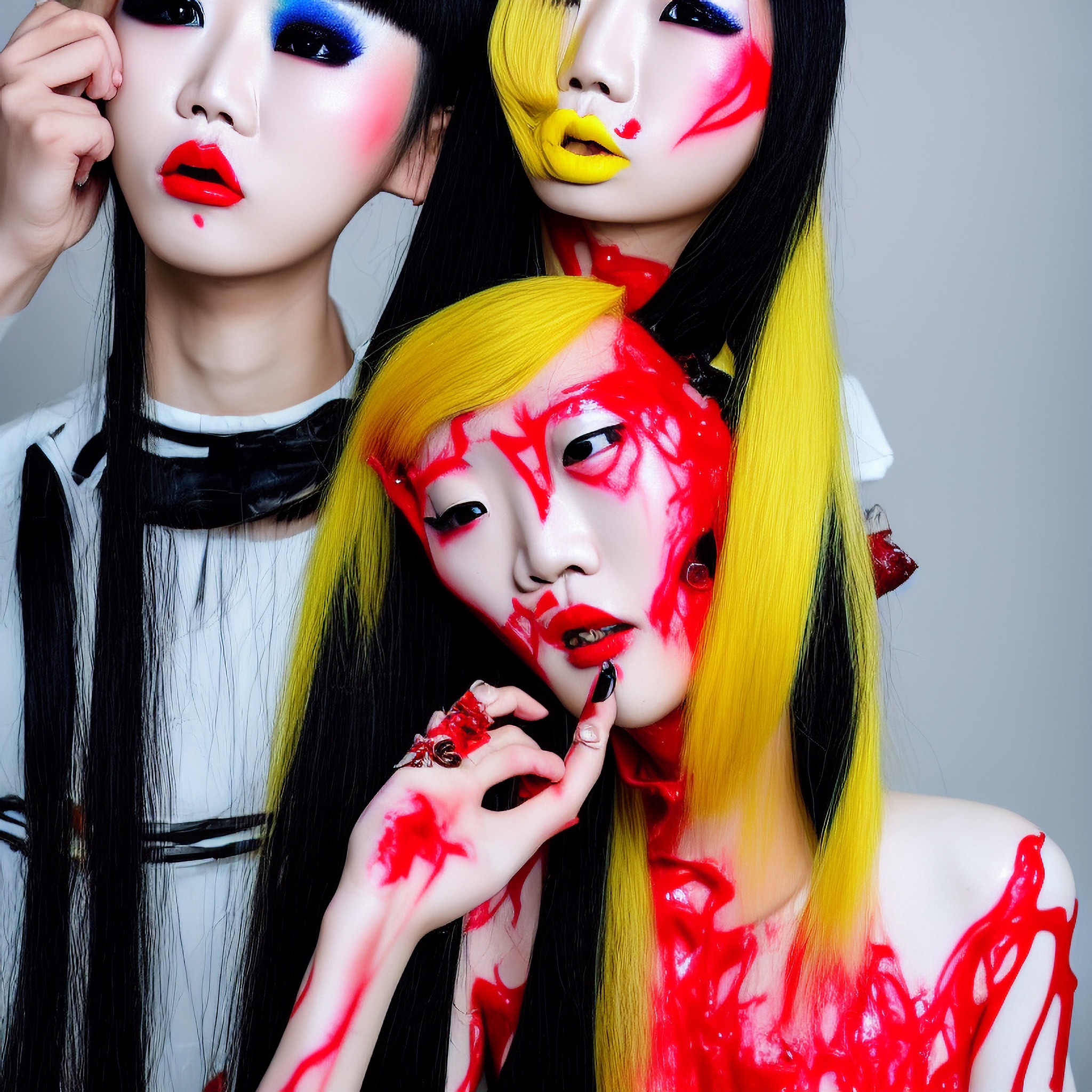 Three women with dramatic makeup and styled hair; red and yellow accents.