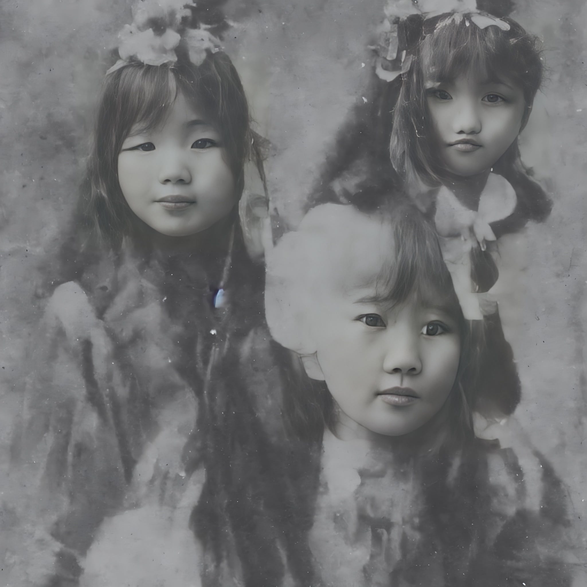 Black and white photo of three young Asian girls.