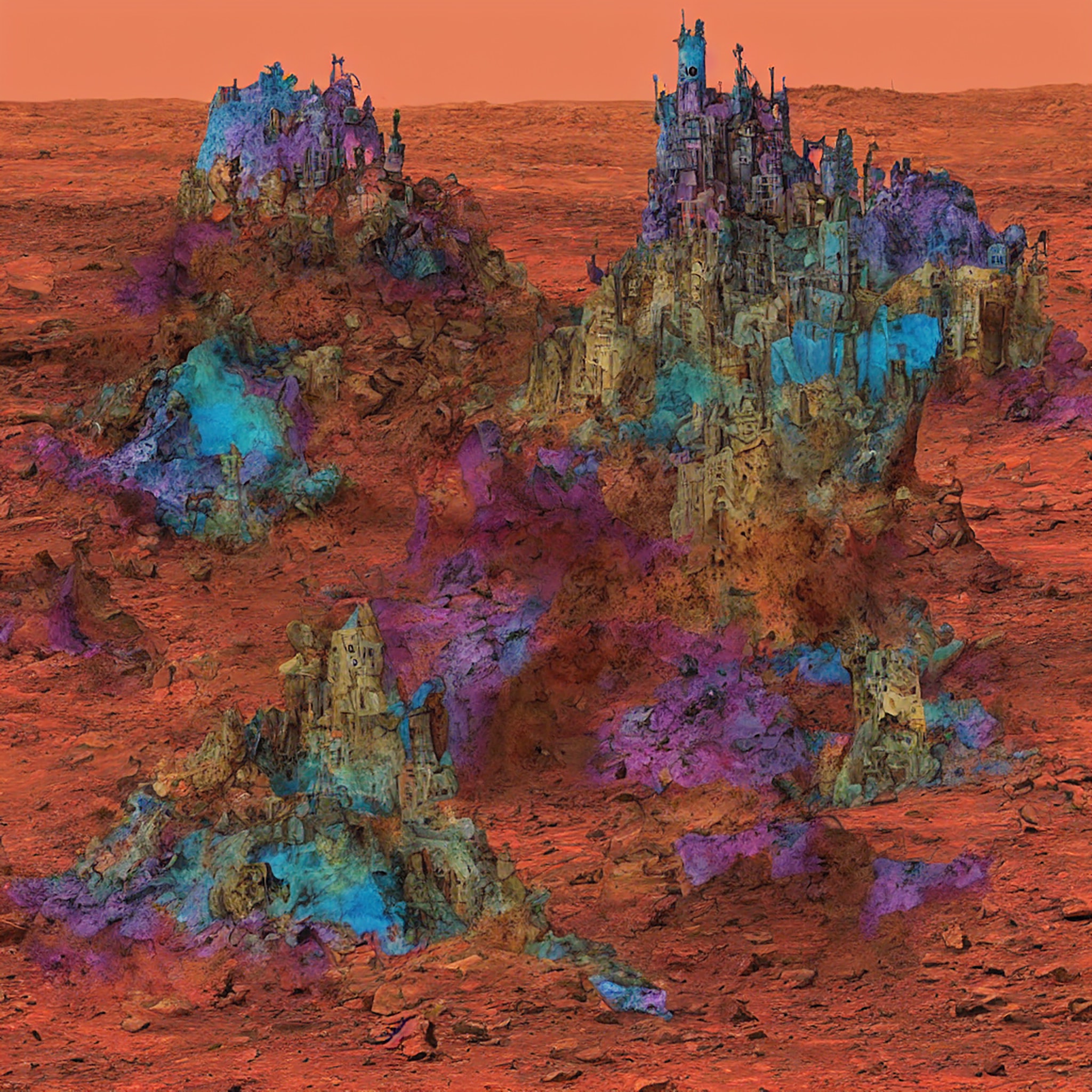 Colorful fairytale castle ruins on a Martian landscape.