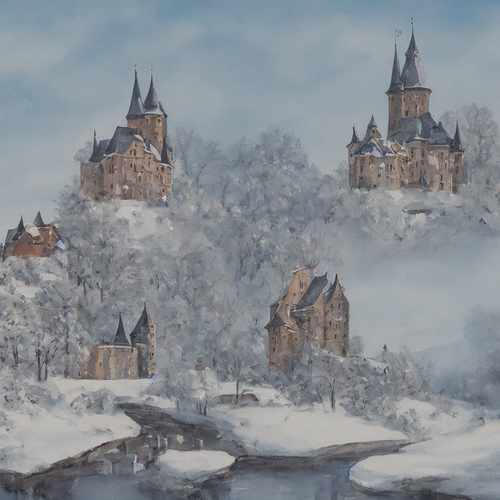 Painting of three castles on snow-covered hills in winter.