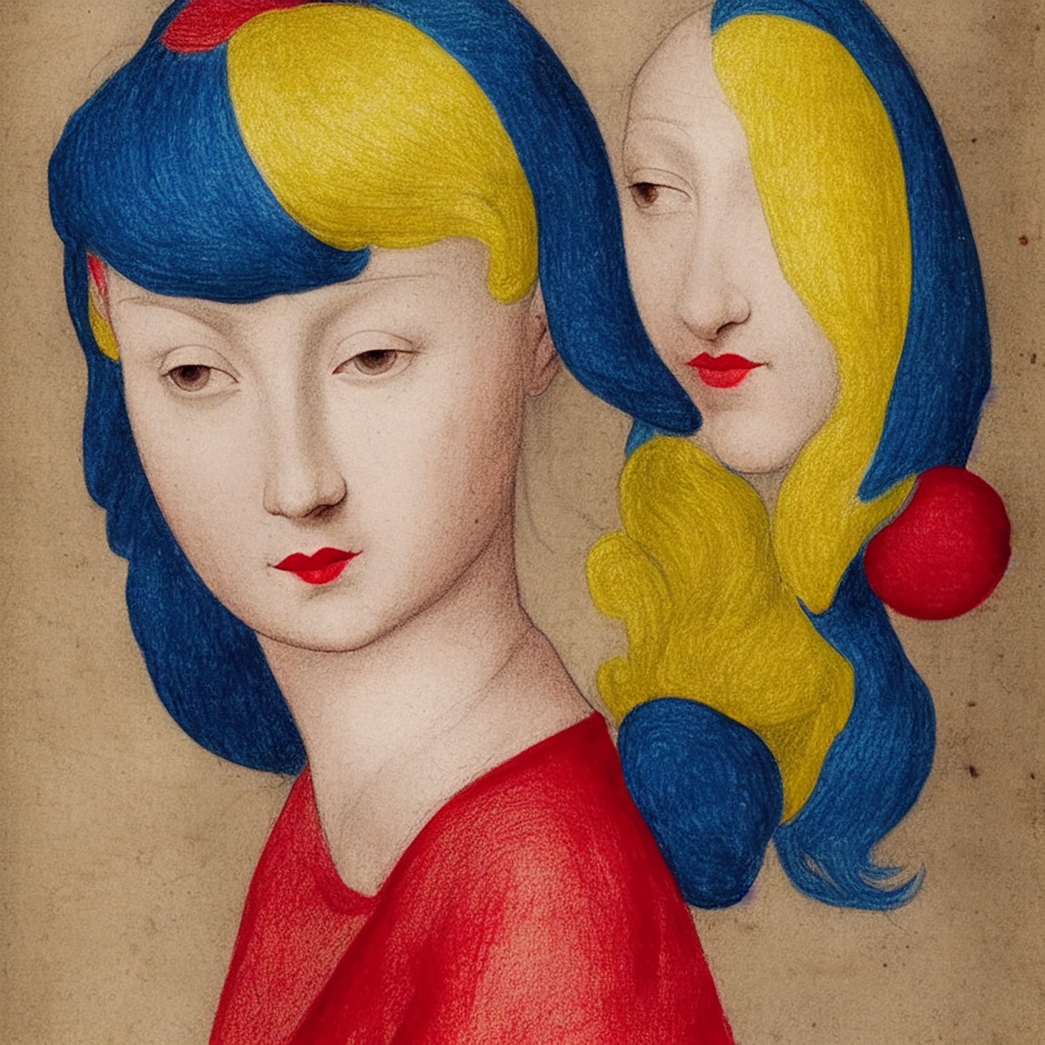 Renaissance-style drawing of a woman with blue and yellow hair.