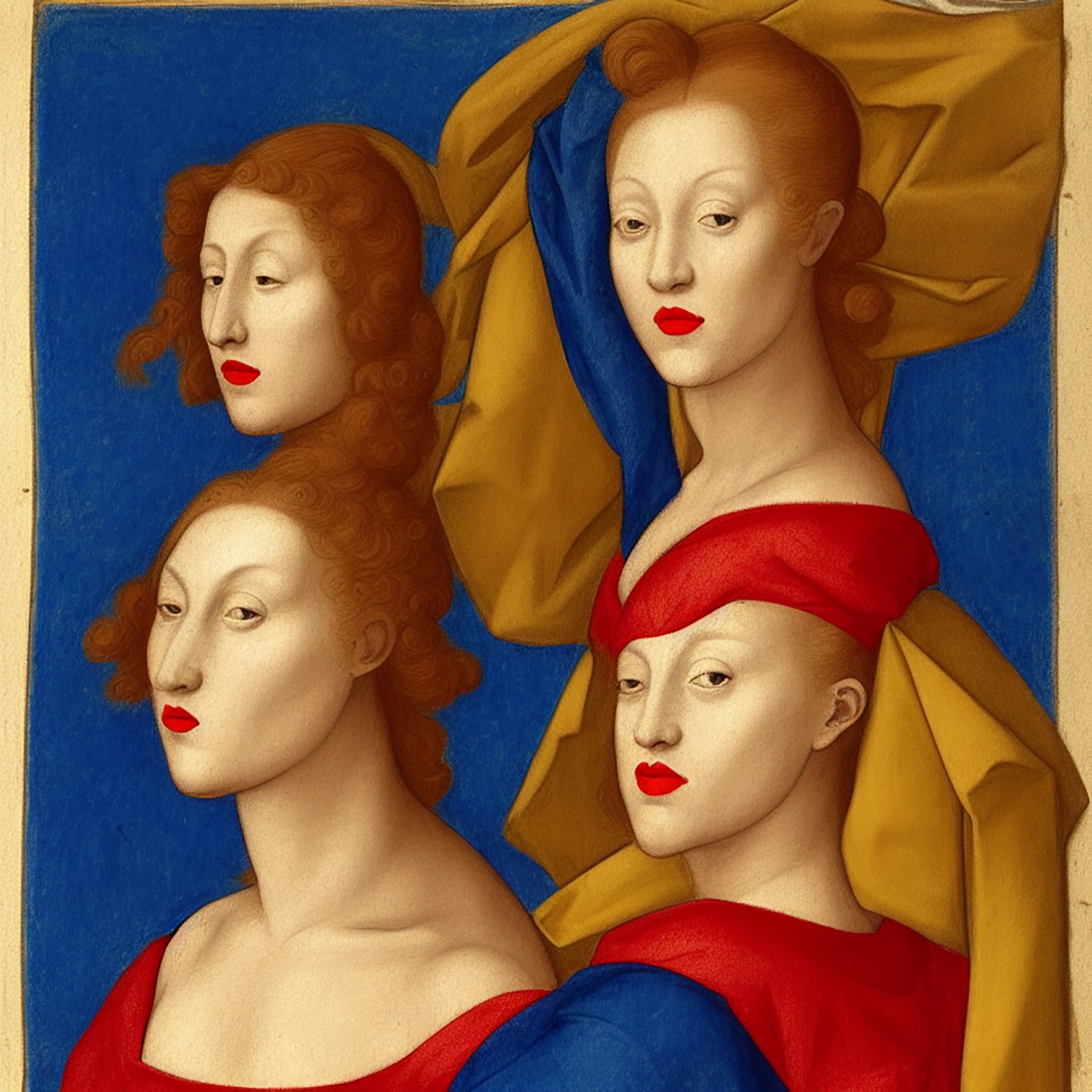 Renaissance-style portrait of four women with red lips, wearing red and gold drapery against a blue background.