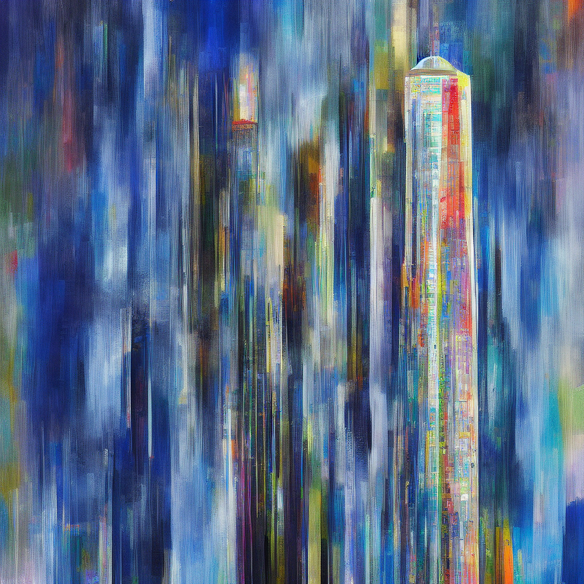 Abstract AI art depicting stylized skyscrapers in shades of blue, with hints of other colors.