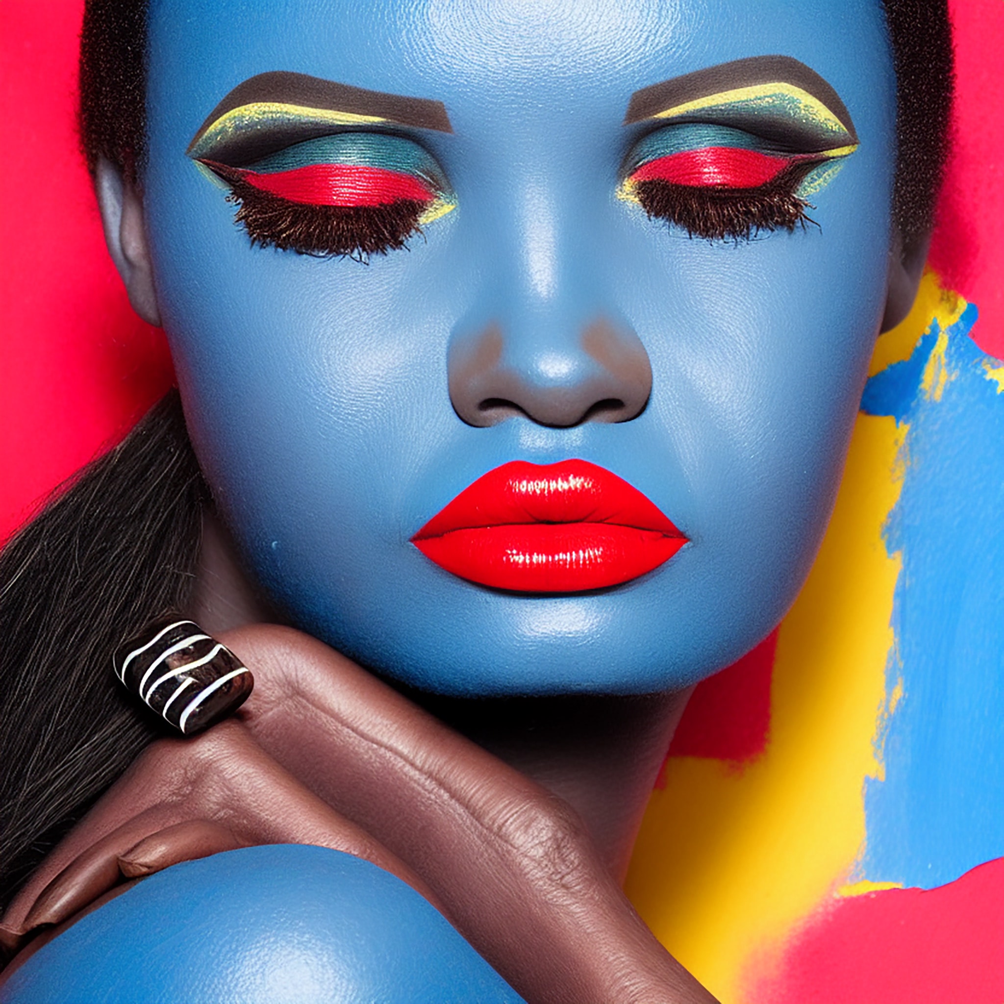 Close-up of a woman with blue body paint and red lipstick, wearing a ring.