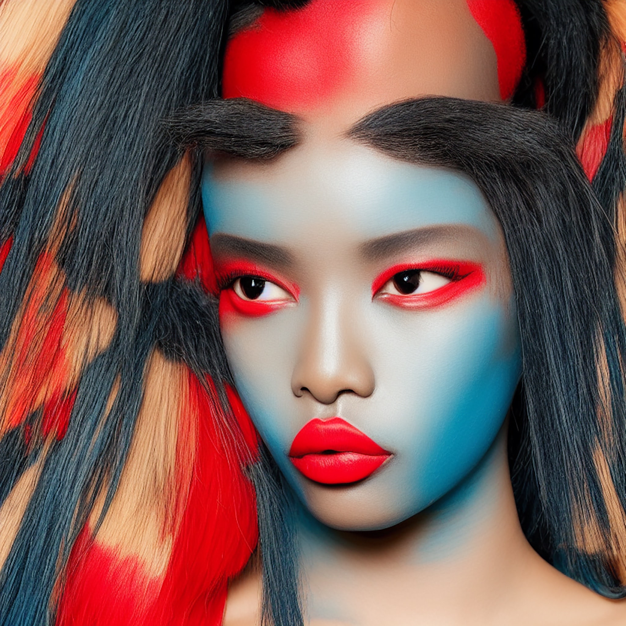 Close-up of a Black woman's face with vibrant blue and red makeup and multicolored hair.