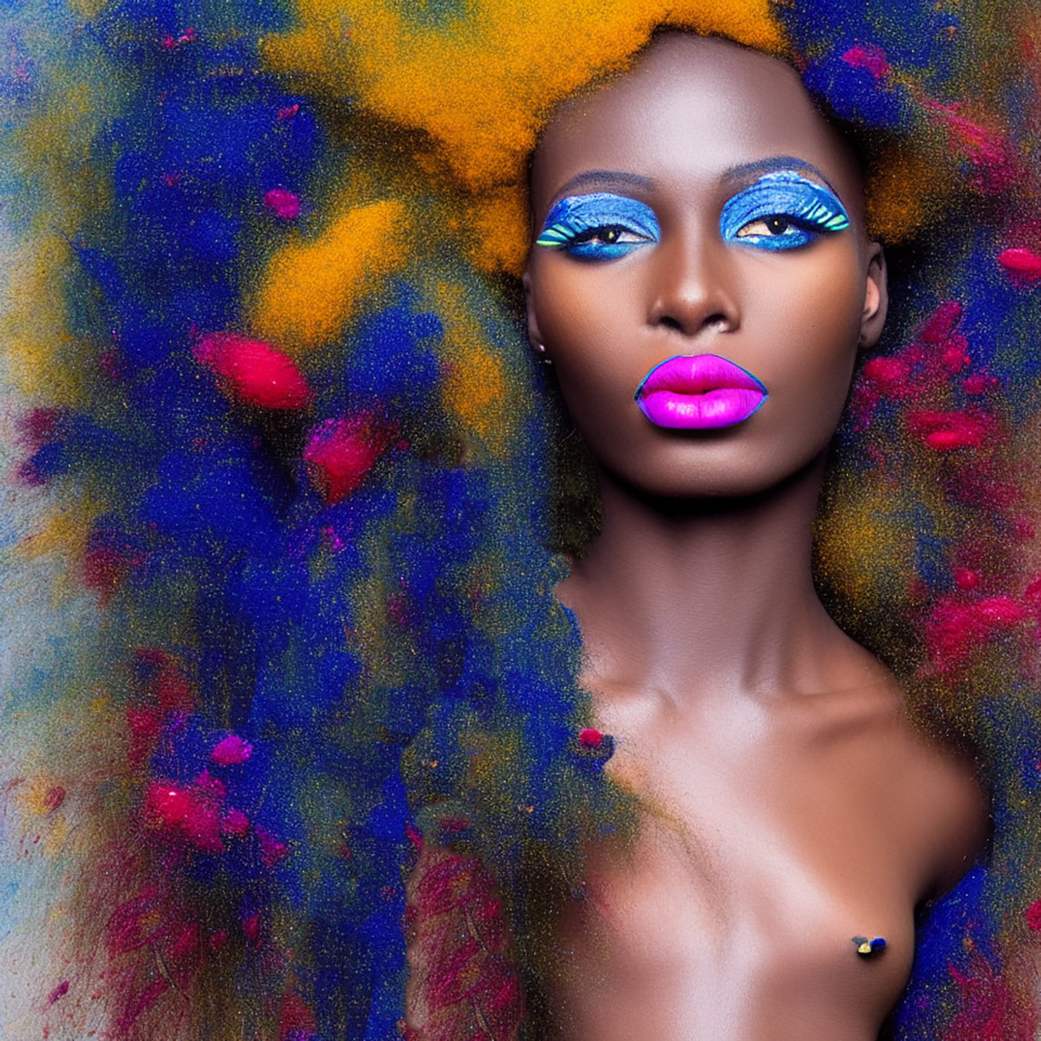 Portrait of a Black woman with vibrant blue, yellow, and pink makeup and hair, surrounded by colored powder.