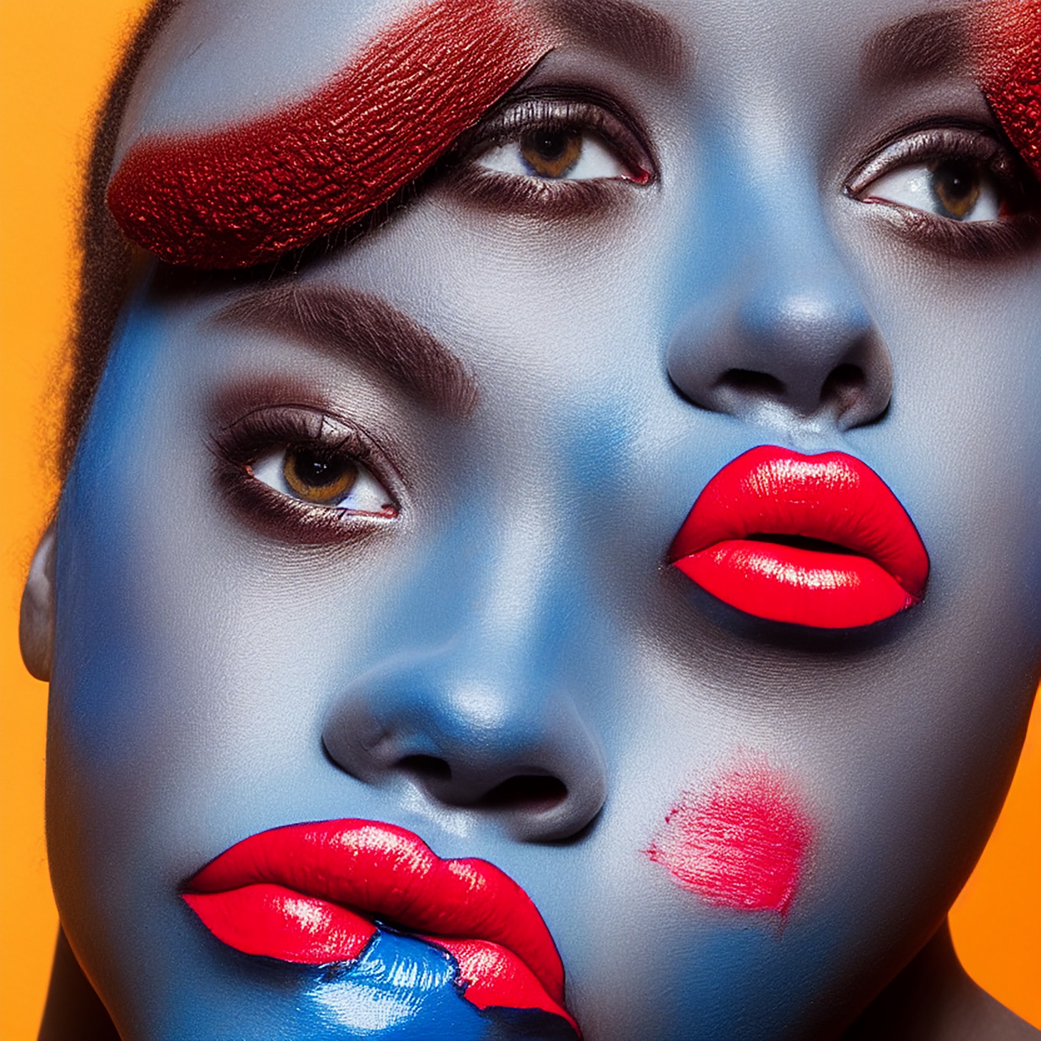 Close-up of a woman's face with blue and red makeup.