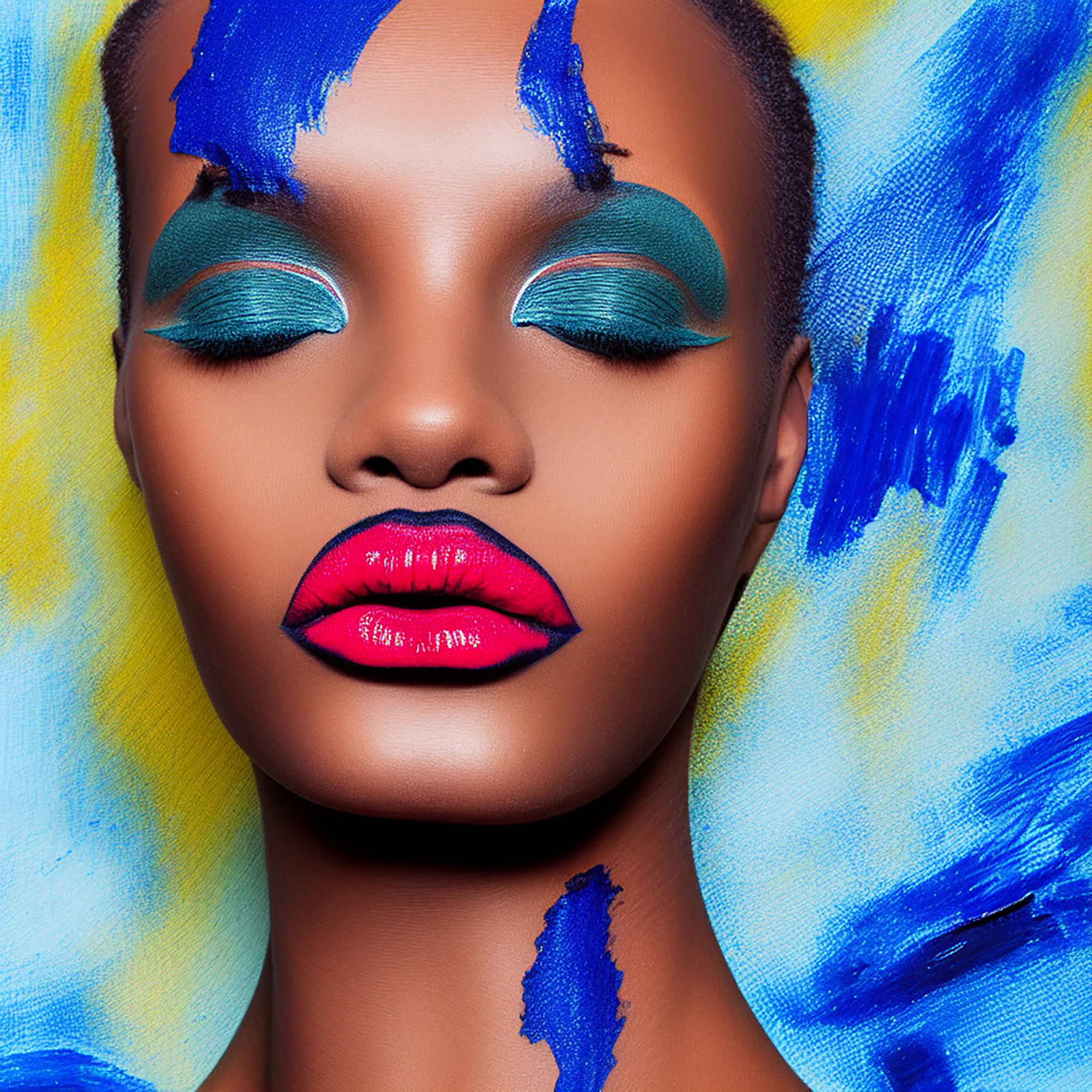 Close-up of a Black woman's face with vibrant blue and teal eye makeup and bright pink lipstick, set against a blue and yellow painted backdrop.