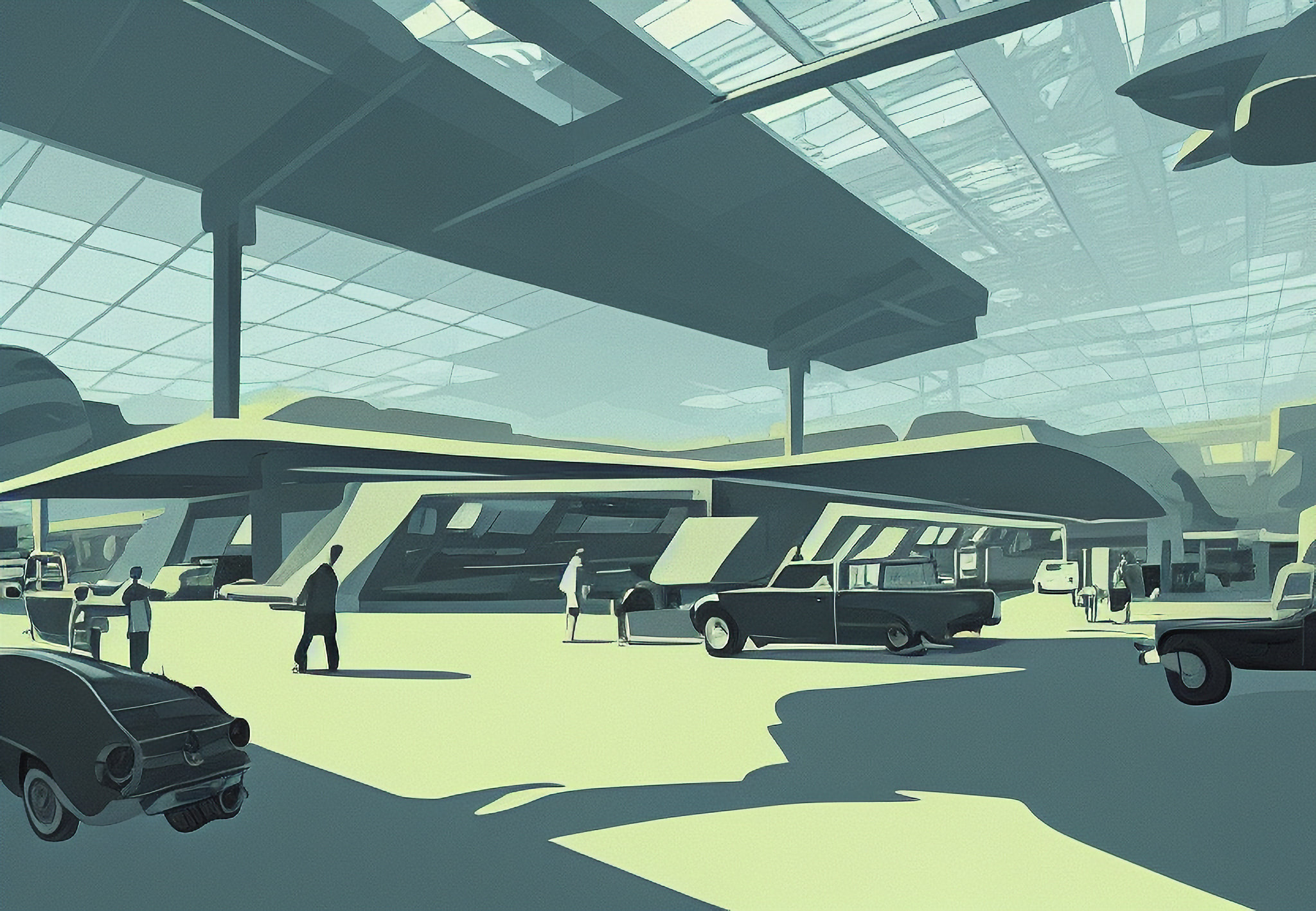 Vintage illustration of a mid-century airport terminal with cars and people.