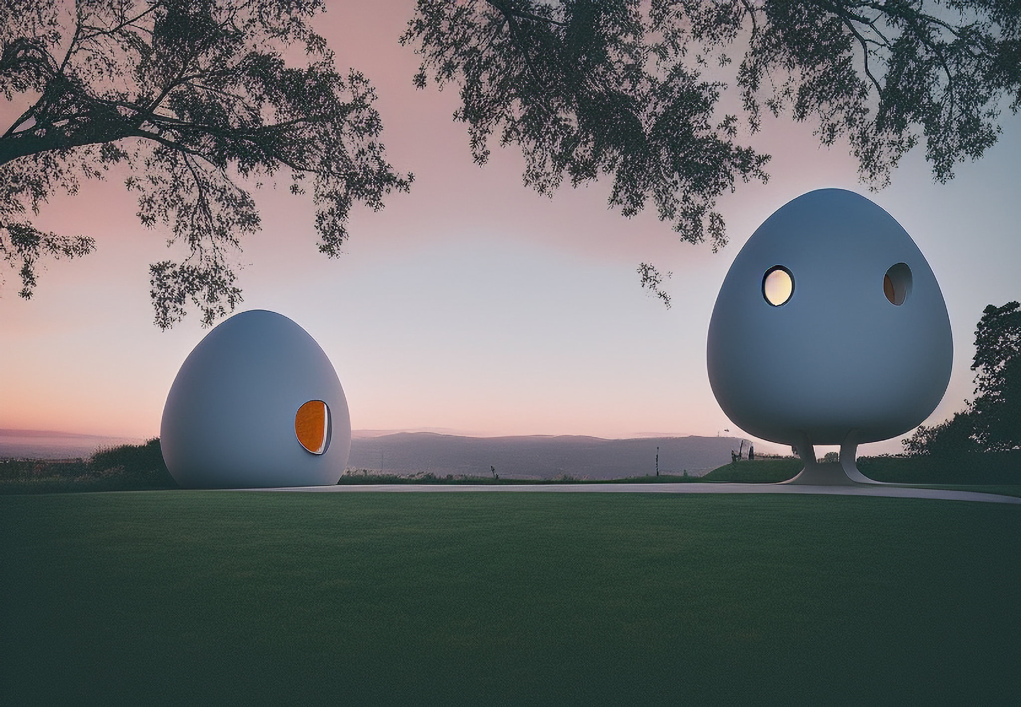 Two egg-shaped structures on a grassy lawn at sunset.