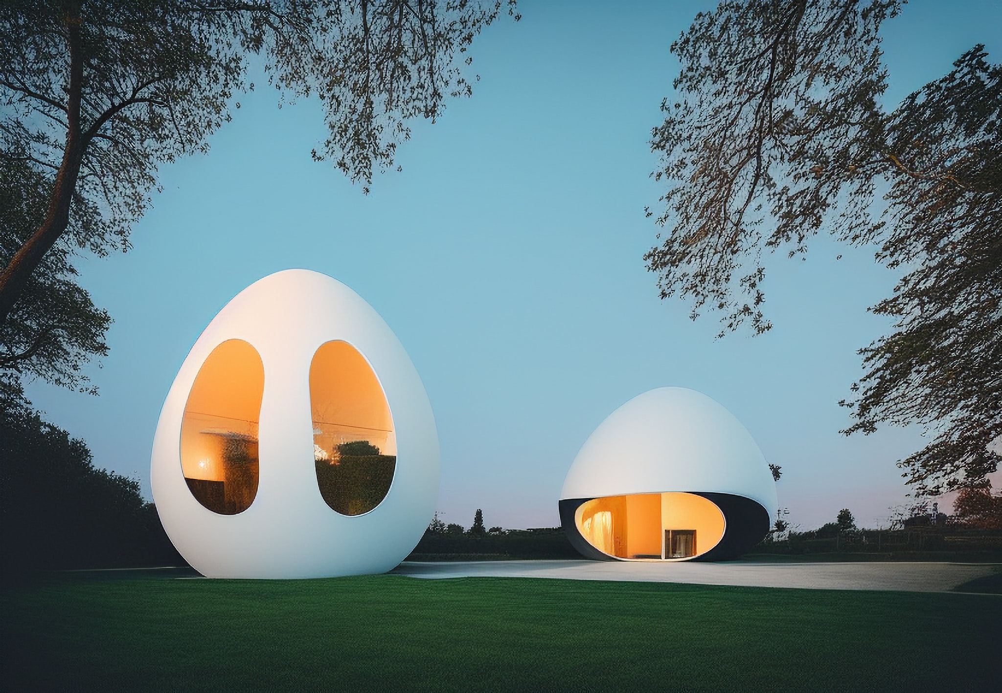 Two egg-shaped structures with illuminated interiors, situated on a grassy area.