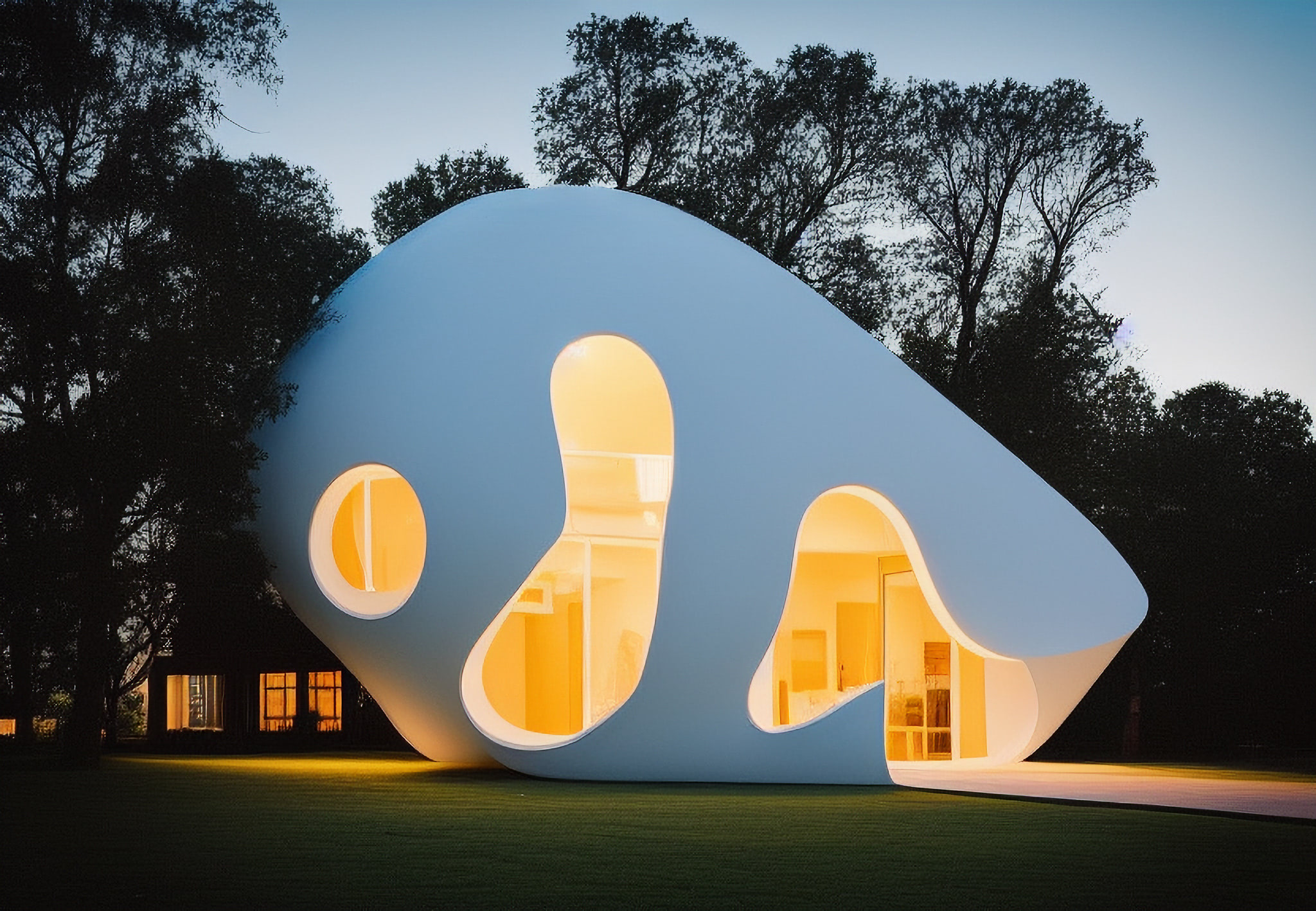 Modern, uniquely shaped white house at night, lit from within.