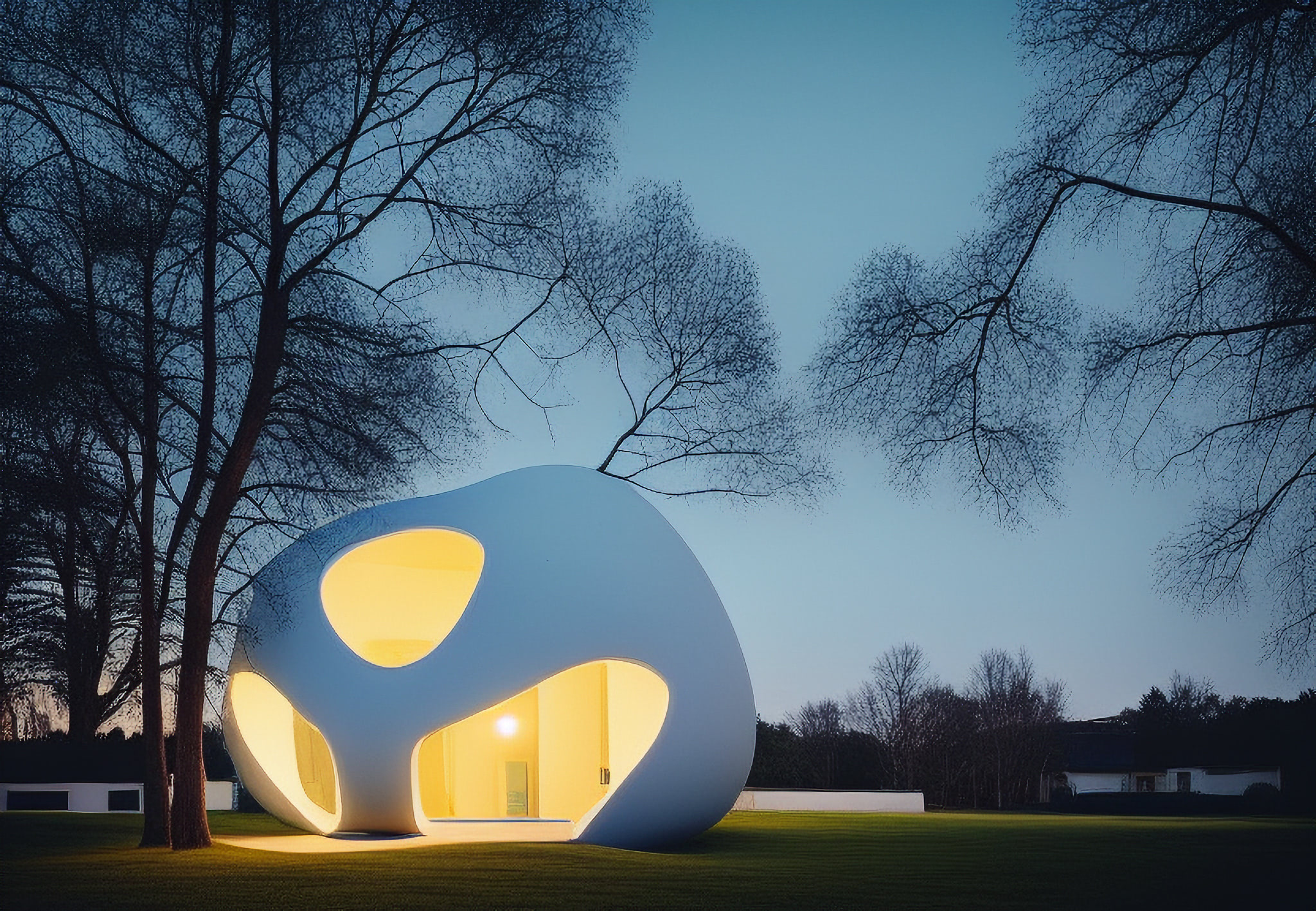 Modern, egg-shaped house at dusk, lit from within.