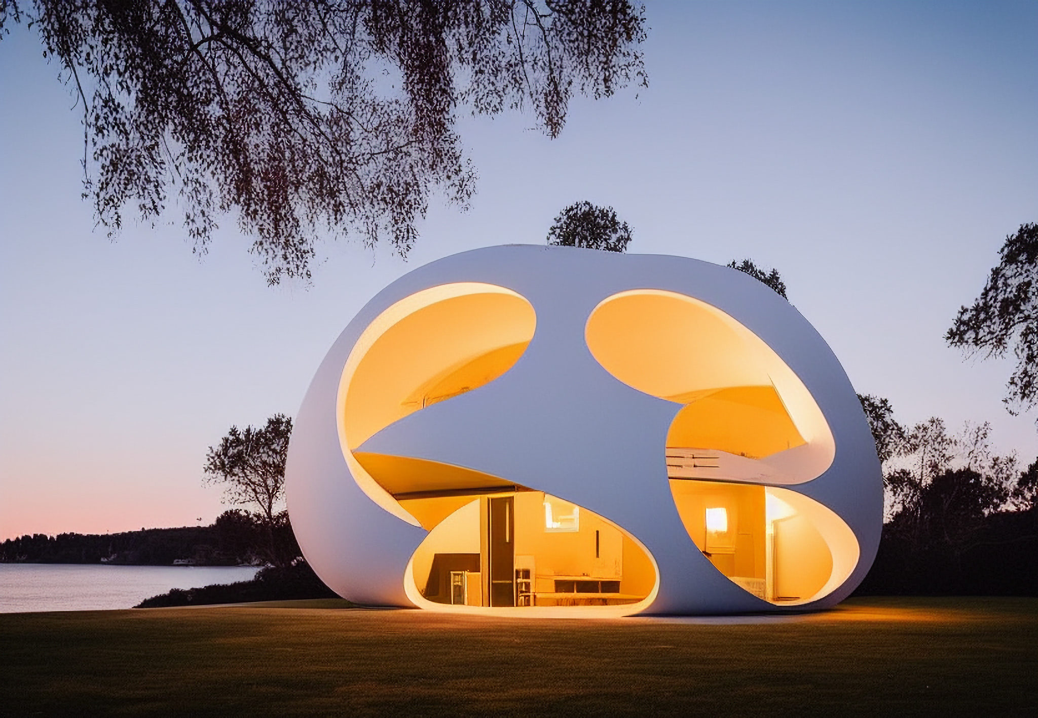 Modern, egg-shaped house illuminated at dusk.